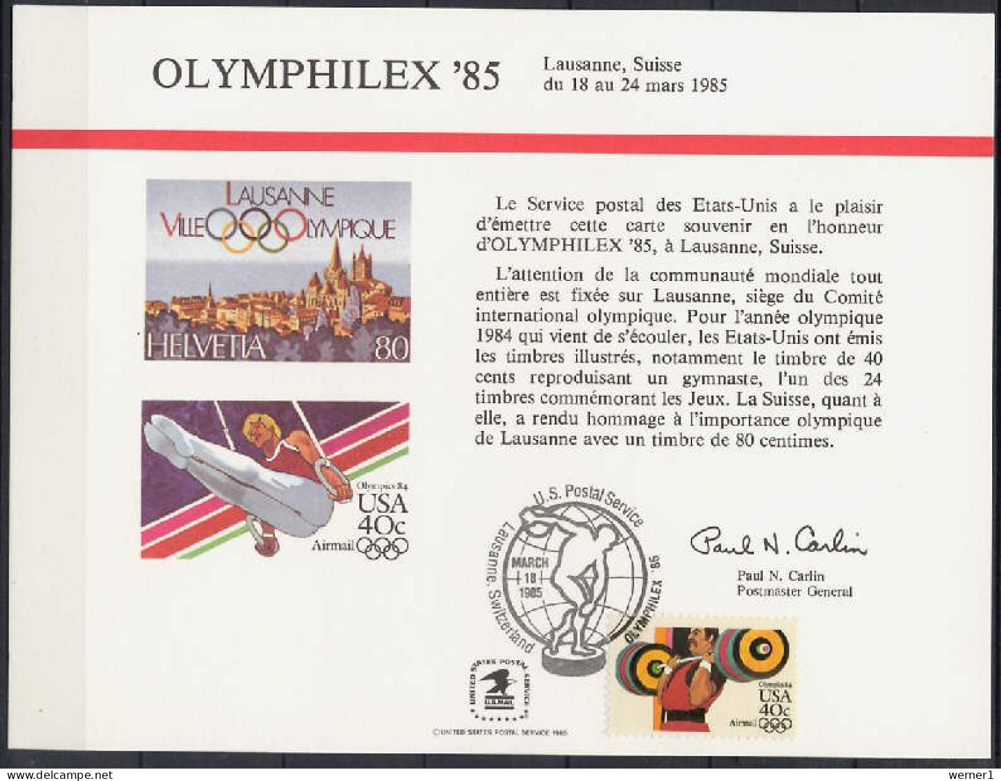 USA 1985 Olympic Games, Olymphilex Commemorative Print - Verano 1984: Los Angeles