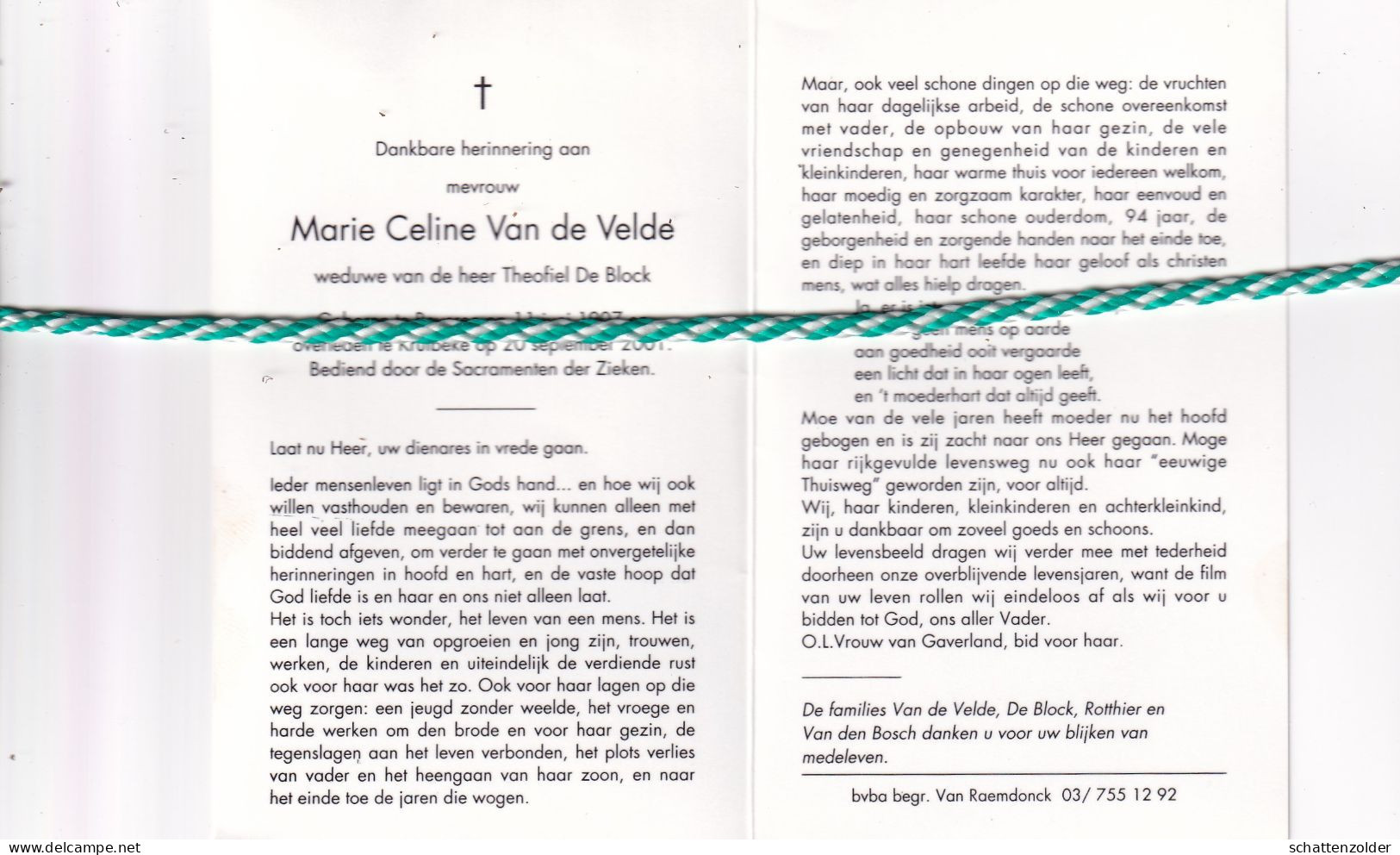 Marie Celine Van De Velde-De Block, Beveren 1907, Kruibeke 2001. Foto - Obituary Notices