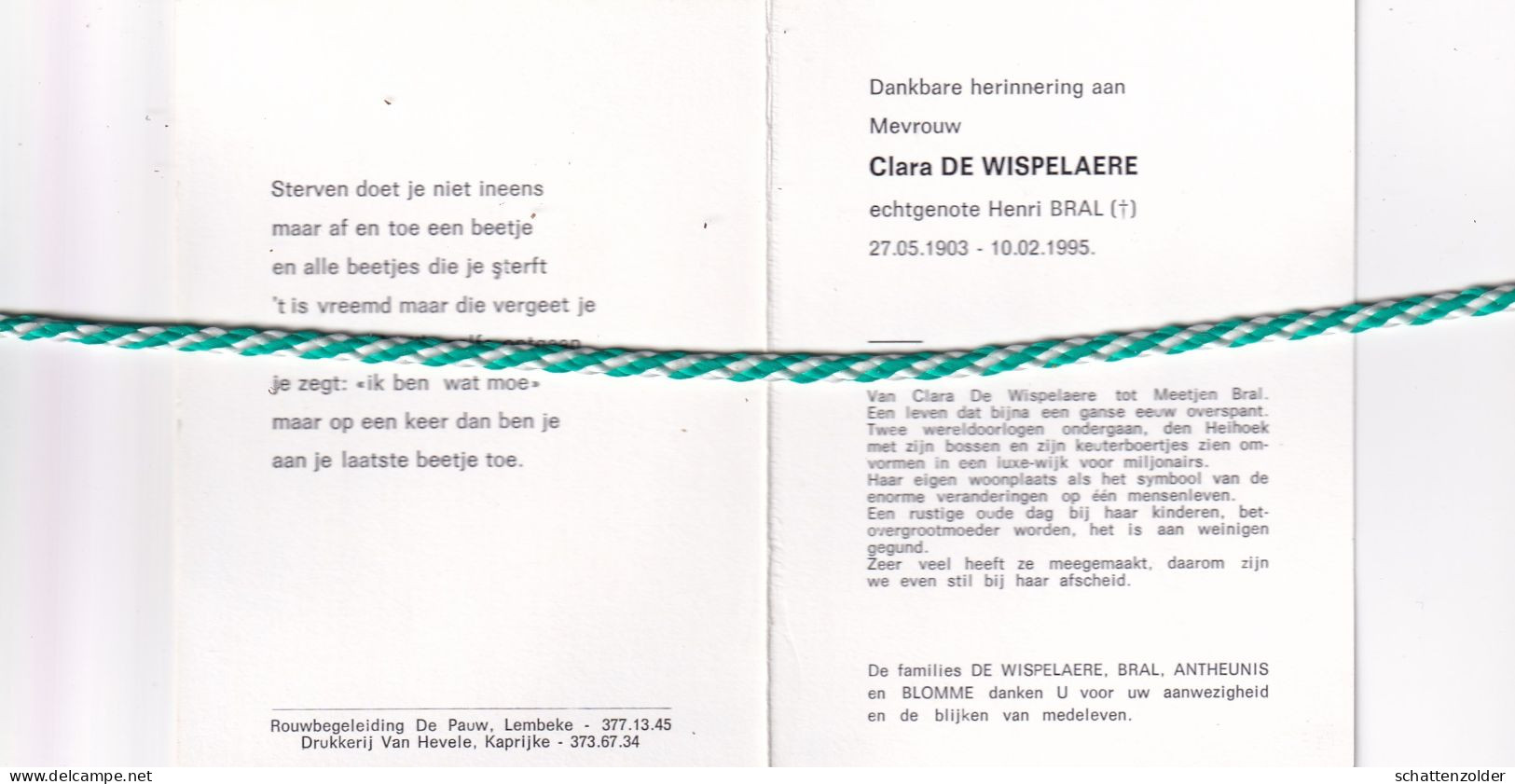 Clara De Wispelaere-Bral, 1903, 1995. - Esquela