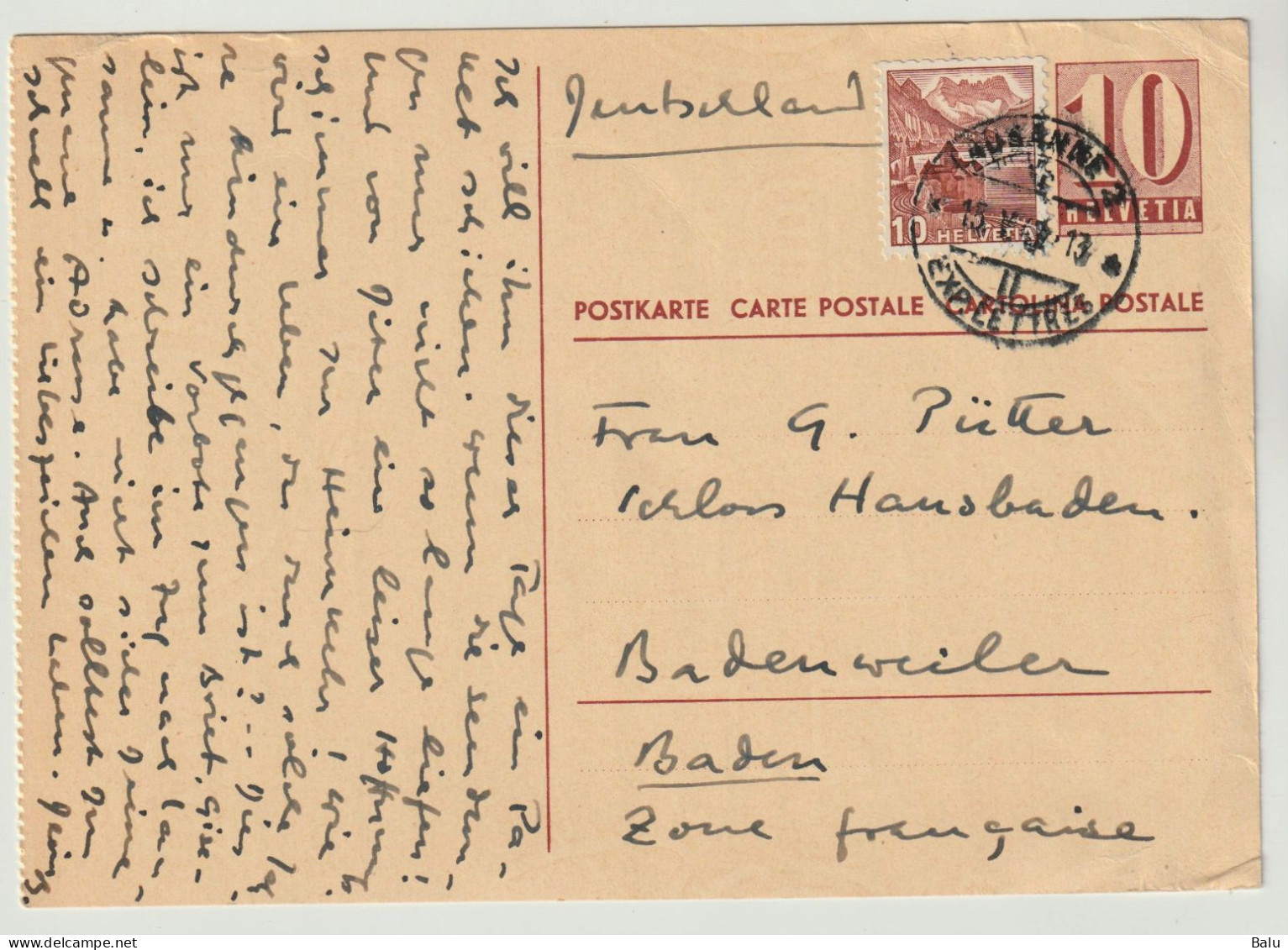 Schweiz Ganzsachen Postkarte Ziffer 10 C. Lausanne 1947 Mit Zusatzfrankatur 10c., 2 Scans, Entier Postal - Entiers Postaux