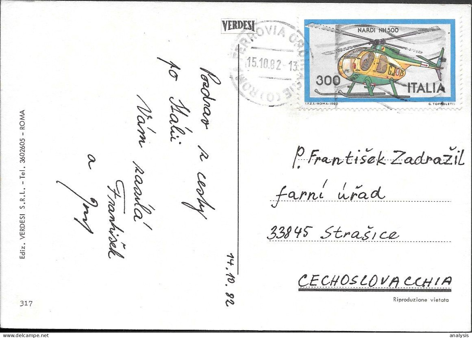 Italy Rome Postcard Mailed 1982 W/ Helicopter Stamp Nardi NH500 - 1981-90: Marcophilie