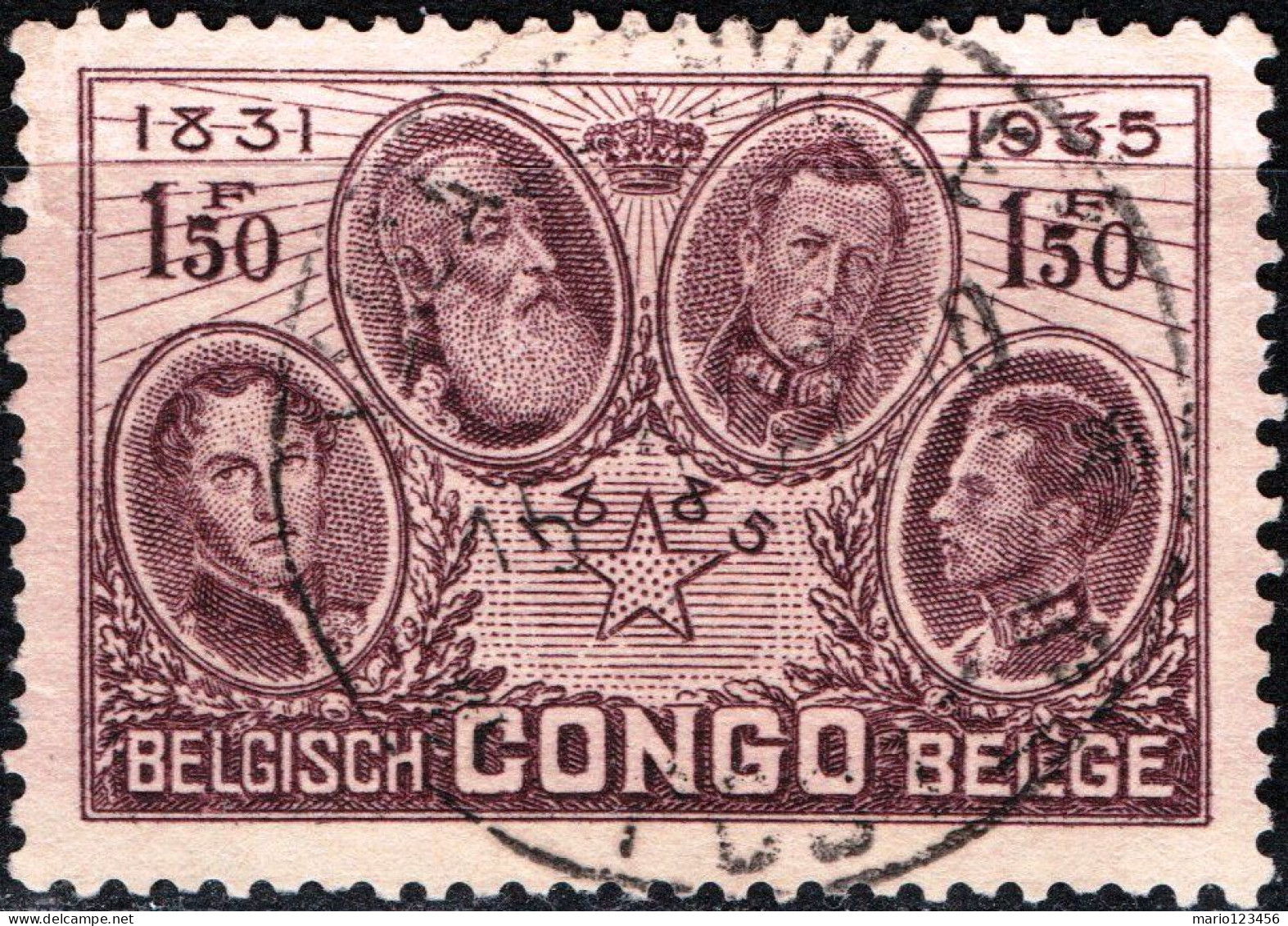 CONGO BELGA, BELGIAN CONGO, RE BELGI, 1,50 Fr., 1935, FRANCOBOLLI USATI Scott:BE-CD 161, Yt:BE-CD 187 - Gebraucht