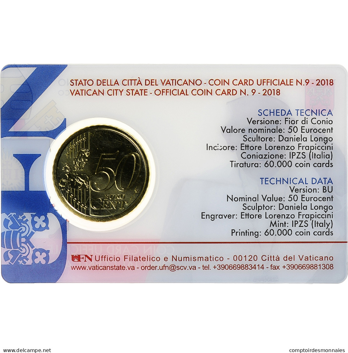 Vatican, 50 Euro Cent, Pape François, Coin Card.FDC, 2018, Rome, Or Nordique - Vatikan