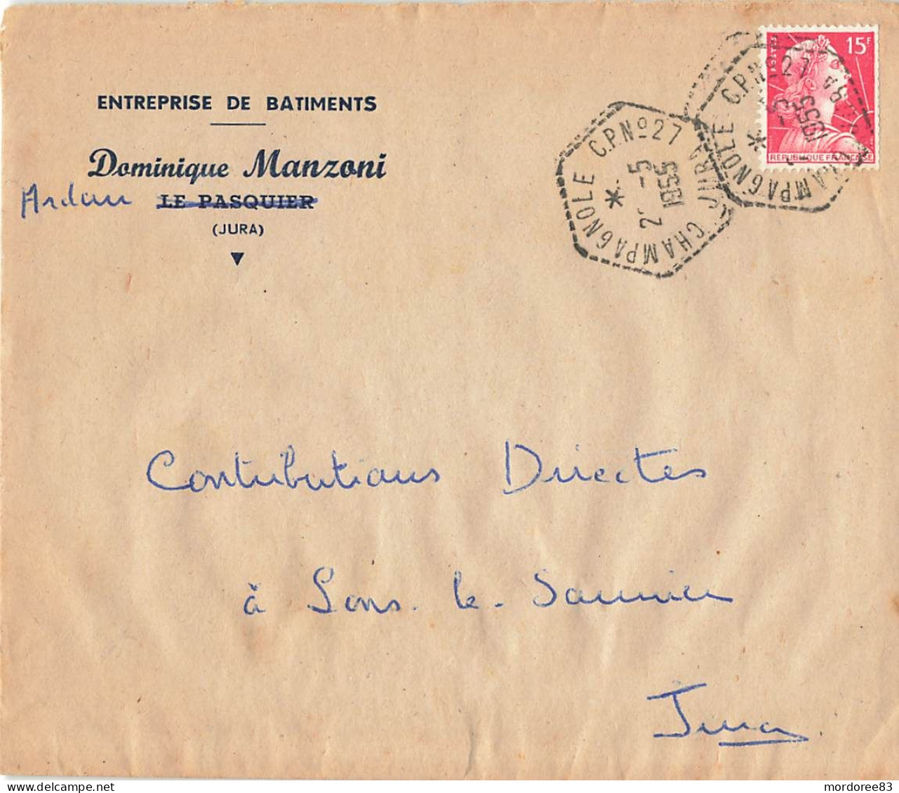 MULLER 15F SUR LETTRE CACHET HEXA CHAMPAGNOLE JURA CP N°27 POUR LONS LE SAUNIER - Manual Postmarks