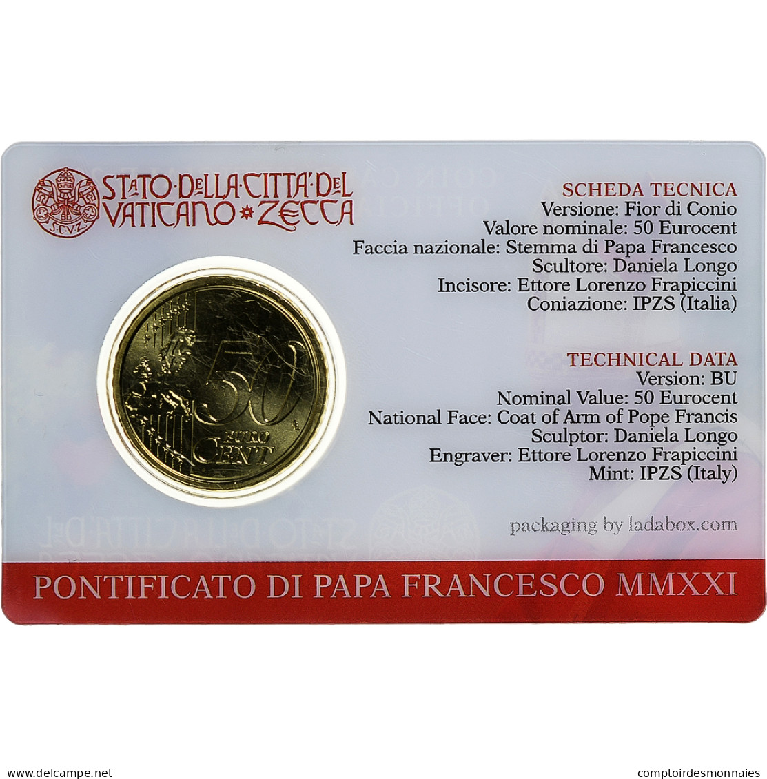 Vatican, 50 Euro Cent, Pape François, Coin Card.FDC, 2021, Rome, Or Nordique - Vatikan