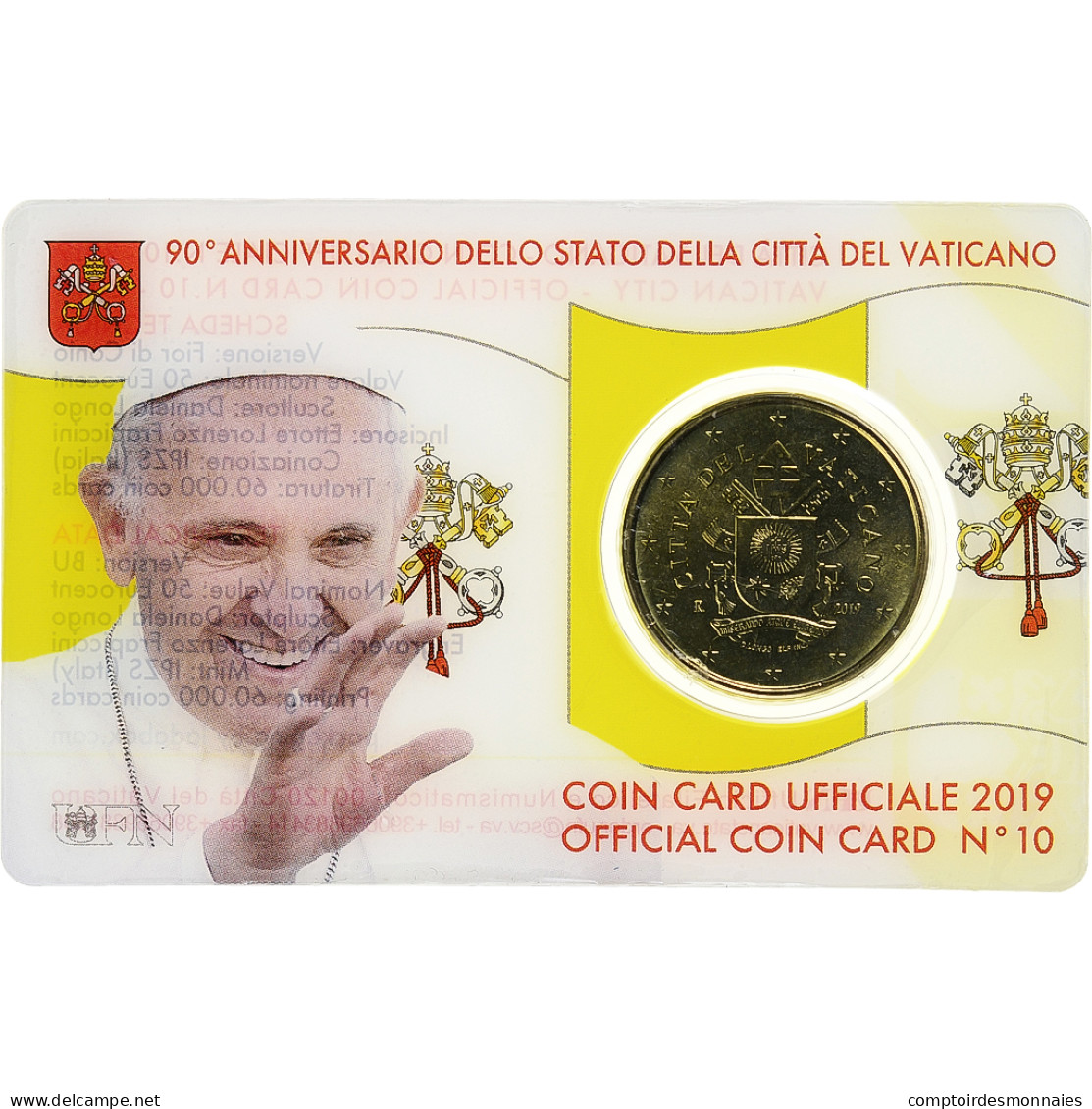 Vatican, 50 Euro Cent, Pape François, Coin Card.FDC, 2019, Rome, Or Nordique - Vaticano