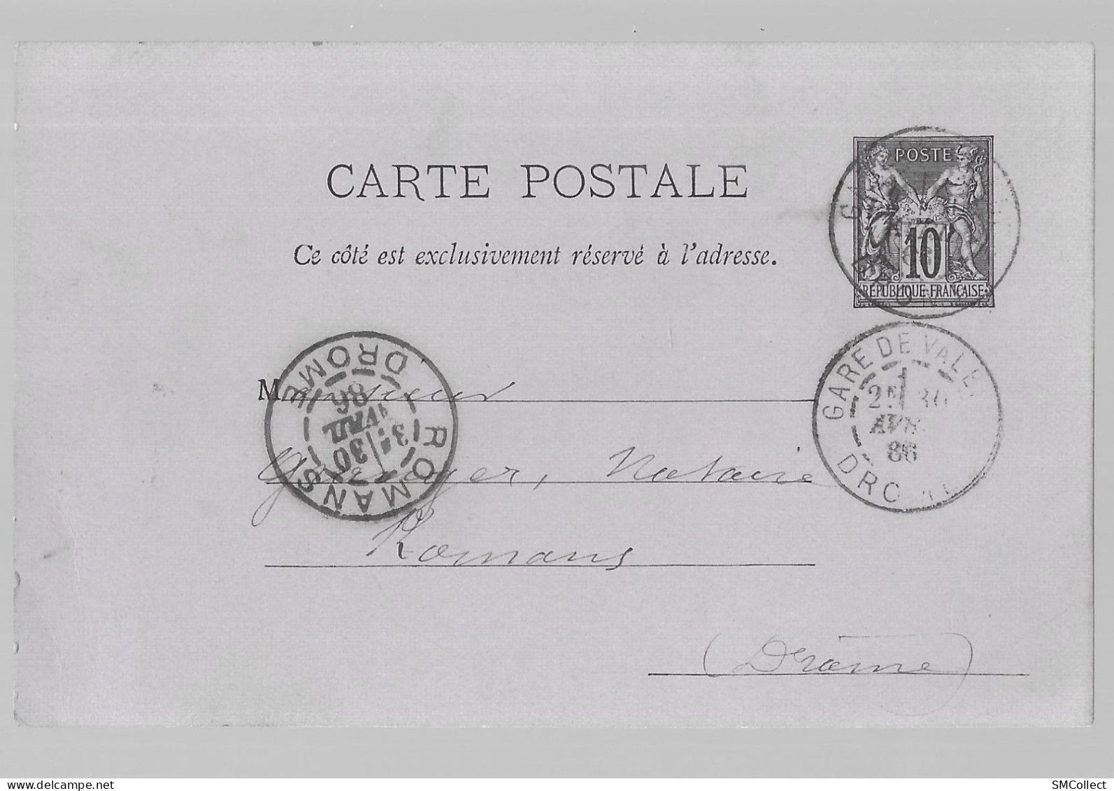 Entier Postal, Sage 10 Centimes Noir Voyagé En Avril 1886, De Valence Gare Vers Romans (13580) - Standard- Und TSC-AK (vor 1995)