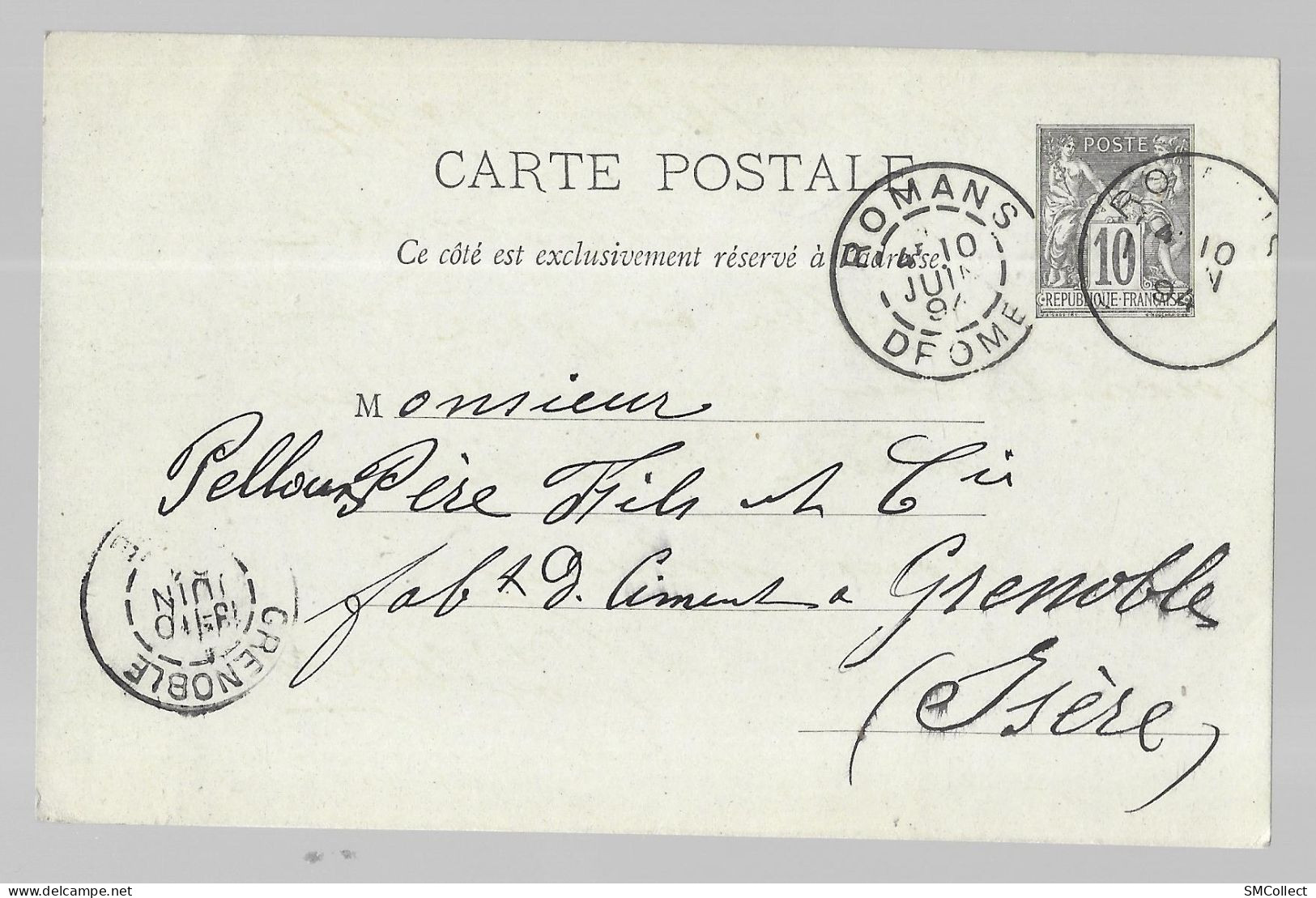 Entier Postal, Sage 10 Centimes Noir Voyagé En Juin 1894, De Romans Vers Grenoble (13579) - Standaardpostkaarten En TSC (Voor 1995)