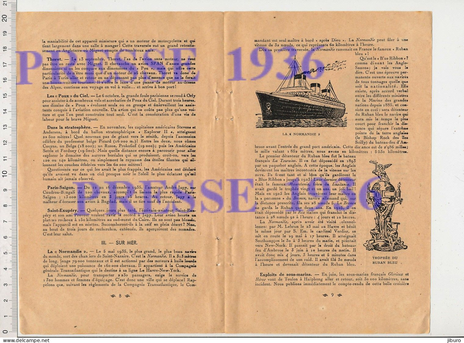 2 Vues Doc 1936 Paquebot Normandie Trophée Ruban Bleu Scaphandre Professeur Beebe Avion Lieutenant-de-Vaisseau-Paris - Non Classificati