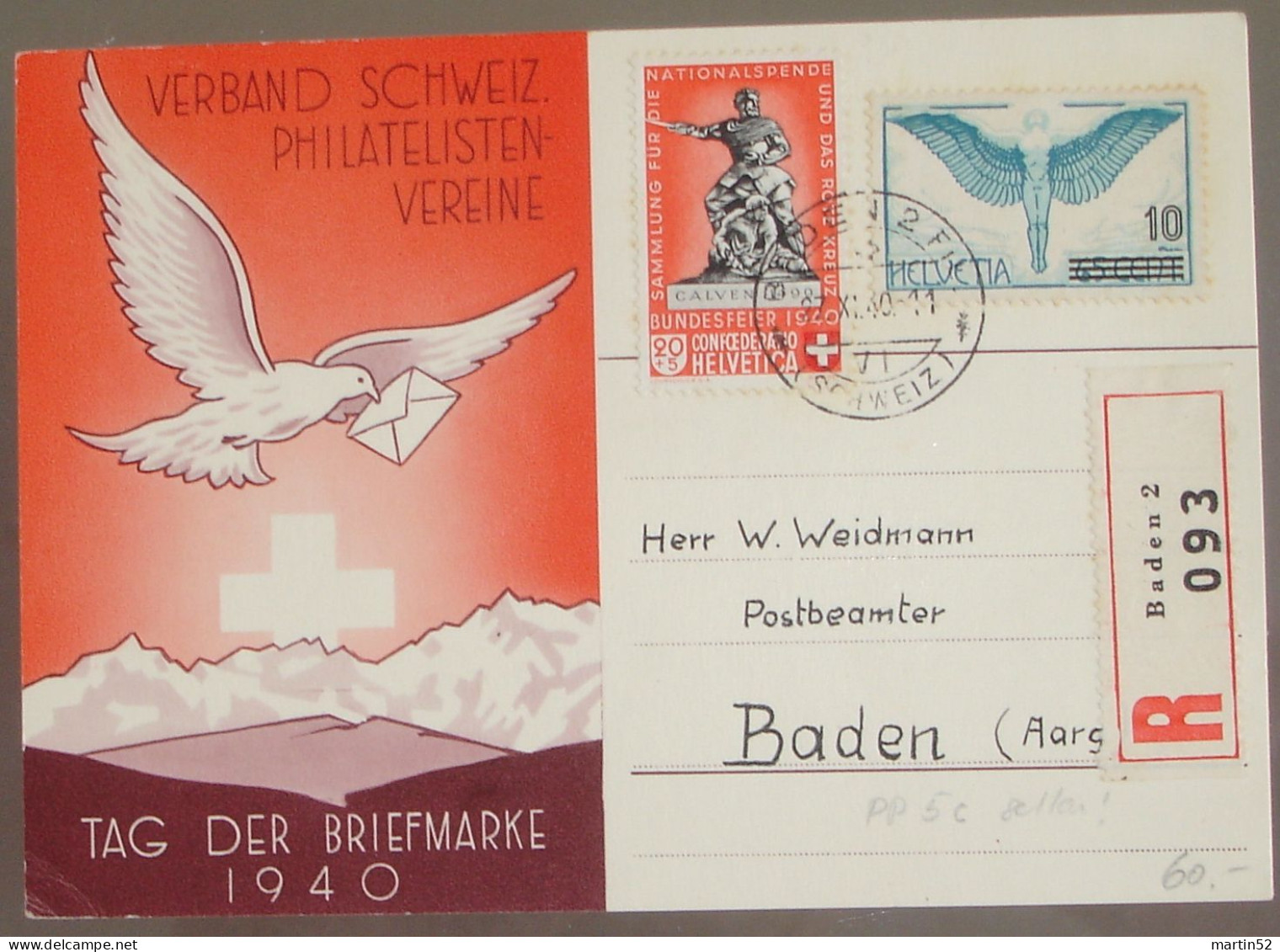 Schweiz Suisse 1940: "Calven" Variante HELLROT ROUGE-CLAIR Zu WII 5c Mi 366a Yv 351a Mit ⊙ BADEN 27.XI.40 (Zu CHF 75.00) - Lettres & Documents