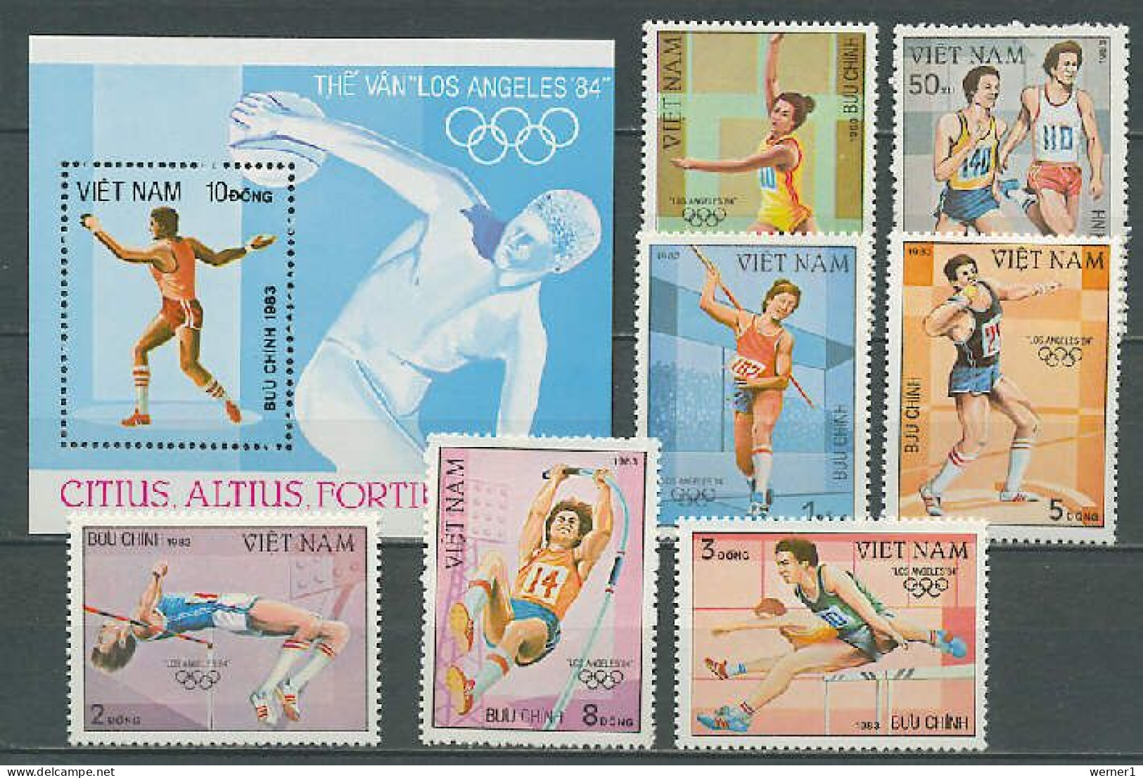 Vietnam 1983 Olympic Games Los Angeles, Athletics, Javelin, Hurdles Set Of 7 + S/s MNH - Ete 1984: Los Angeles