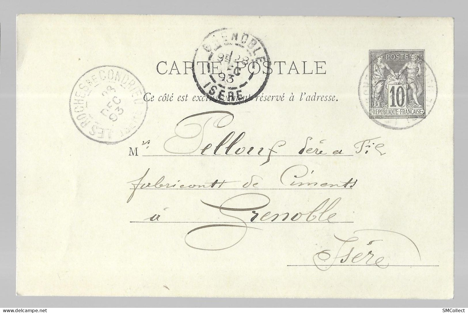 Entier Postal, Sage 10 Centimes Noir Voyagé En Juin 1893, Des Roches De Condrieu Vers Grenoble (13578) - Cartes Postales Types Et TSC (avant 1995)