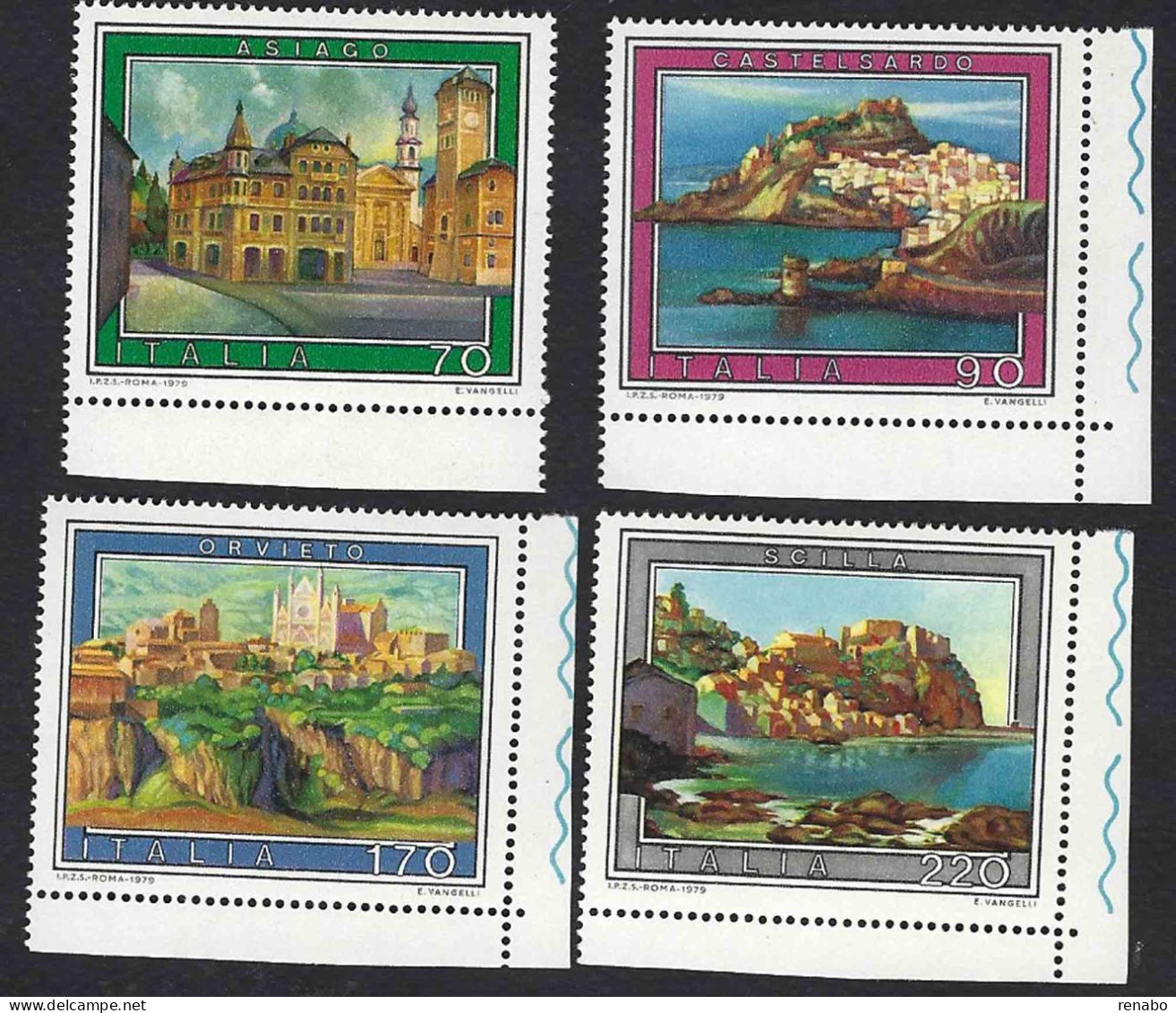 Italia 1979; Turistica: Asiago, Castelsardo, Orvieto, Scilla, Serie Completa In Francobolli Di Angolo.Bordo Accorciato. - 1971-80: Nieuw/plakker