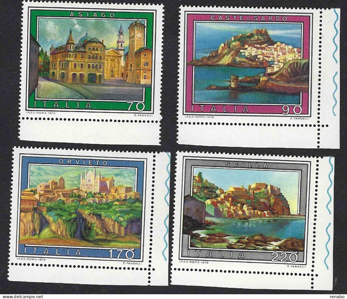 Italia 1979; Turistica: Asiago, Castelsardo, Orvieto, Scilla, Serie Completa In Francobolli Di Angolo.Bordo Accorciato. - 1971-80: Mint/hinged