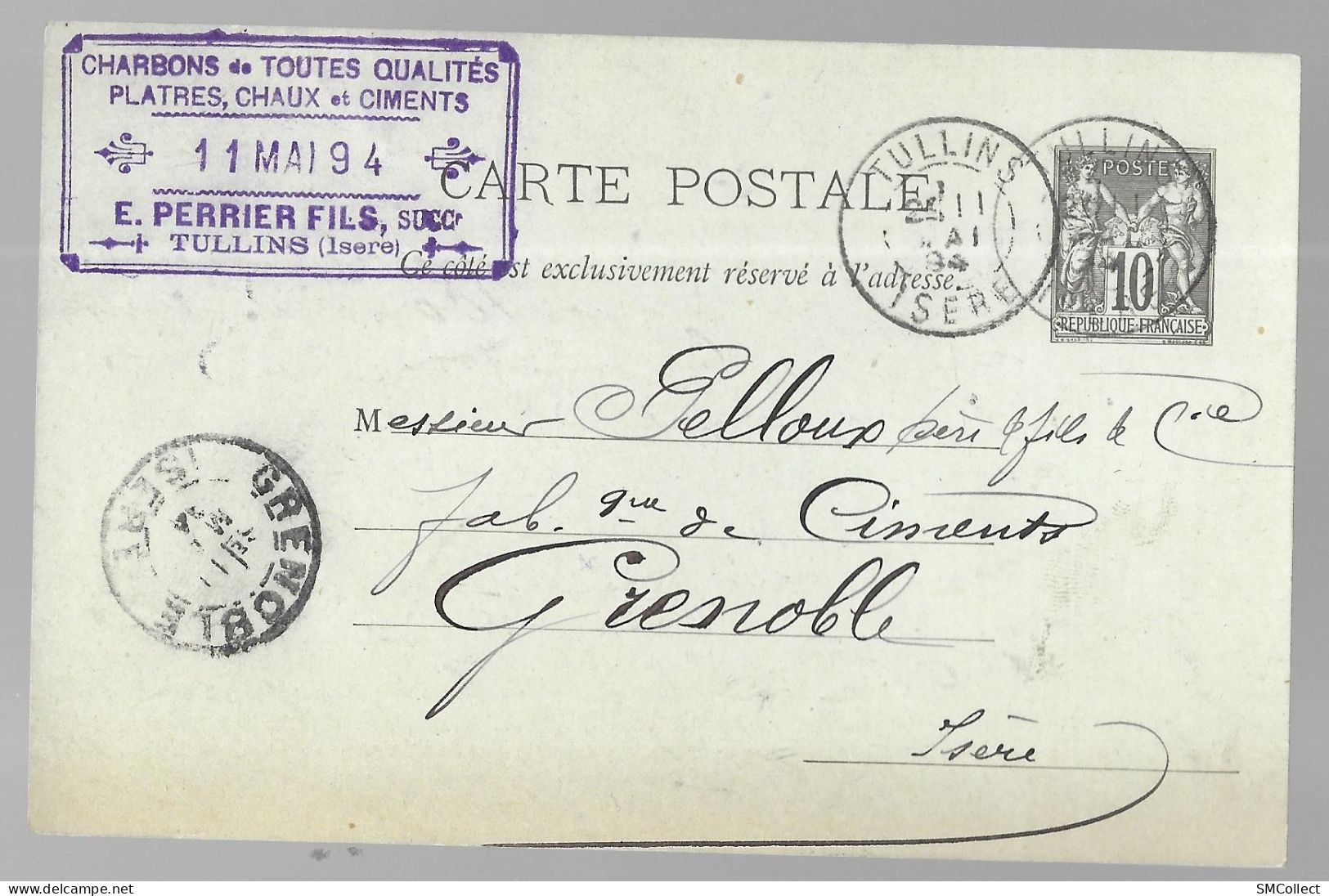 Cachet E. Perrier Fils à Tullins Sur Entier Postal Sage 10 Centimes Noir Voyagé En Mai 1894 Vers Grenoble (13576) - Tullins