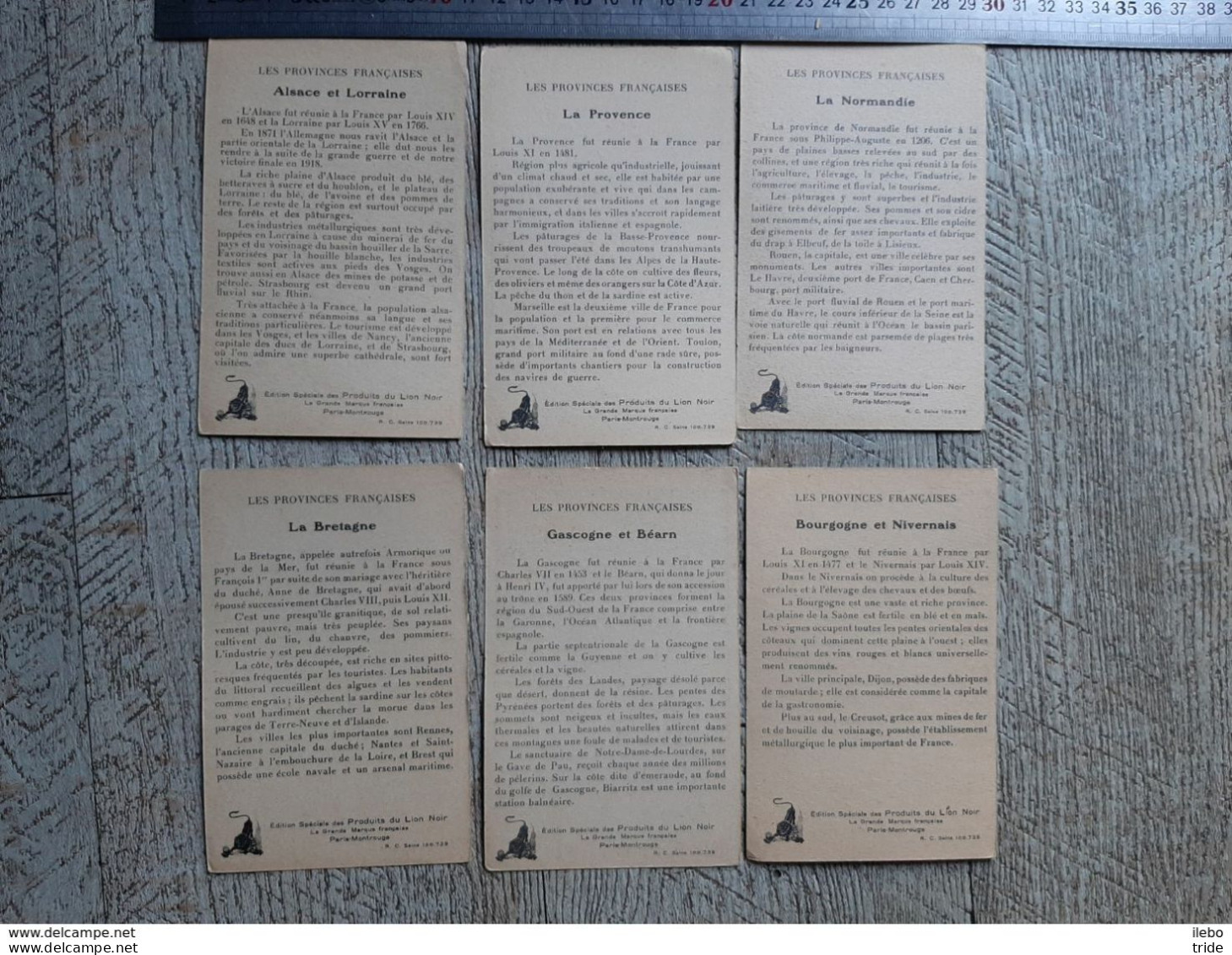 6 Images Chromos Publicitaires Provinces Françaises Normandie Bretagne Alsace Lorraine Produits Du Lion Noir Chromo - Otros & Sin Clasificación