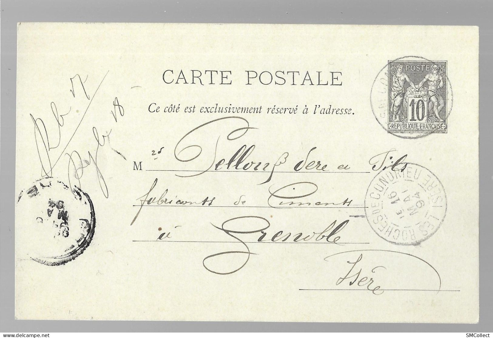 Entier Postal, Sage 10 Centimes Noir Voyagé En Mai 1894, Des Roches De Condrieu Vers Grenoble (13575) - Standaardpostkaarten En TSC (Voor 1995)