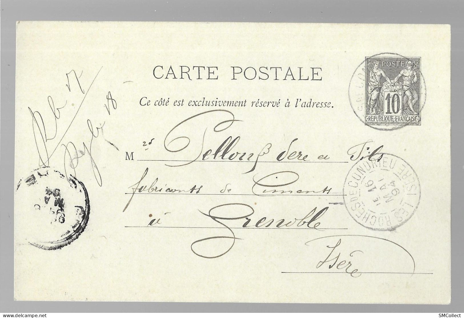 Entier Postal, Sage 10 Centimes Noir Voyagé En Mai 1894, Des Roches De Condrieu Vers Grenoble (13575) - Standard- Und TSC-AK (vor 1995)