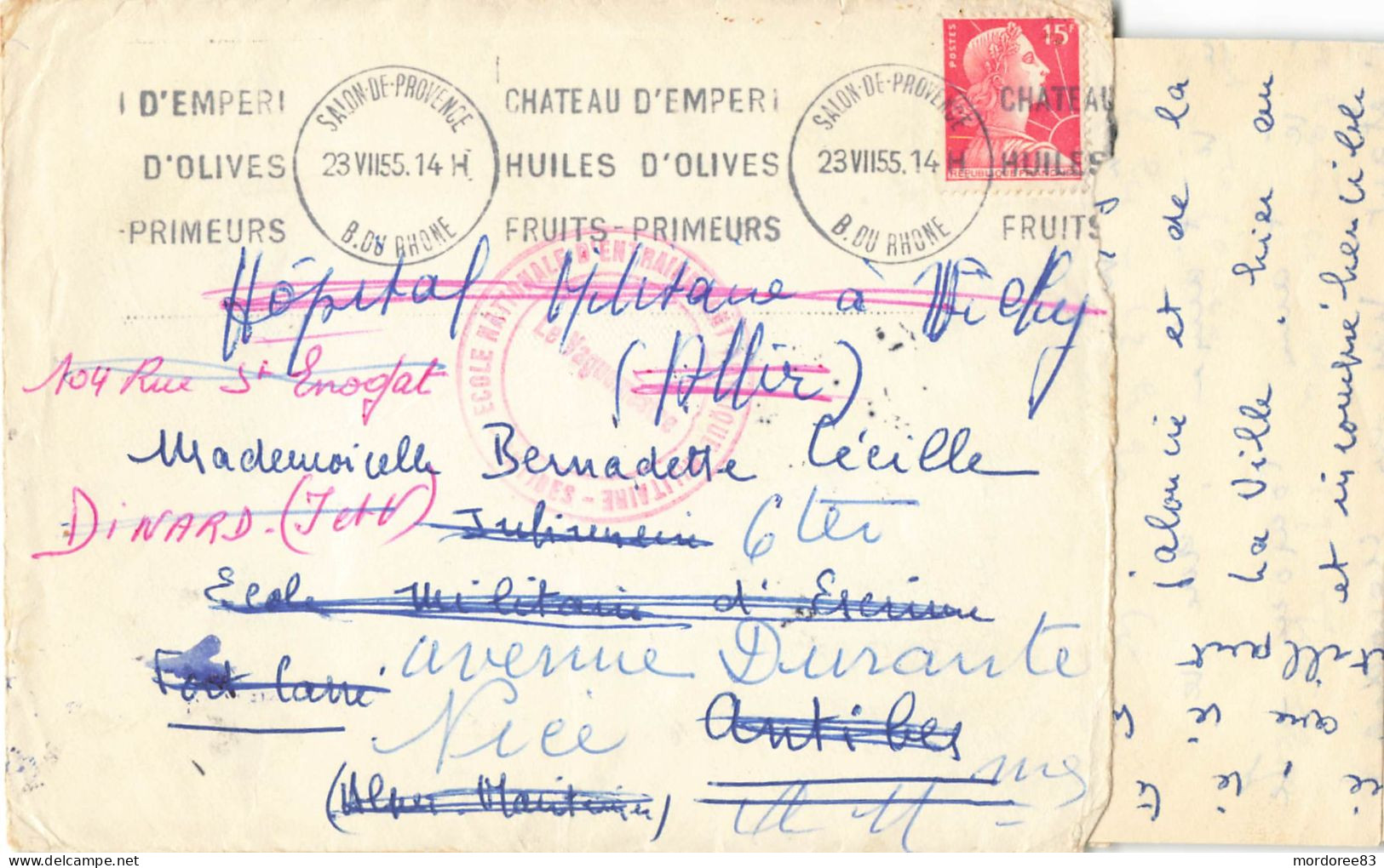 MULLER 15F SALON 23/7/1955 CACHET ROUGE ECOLE NAT D'ENTRAINEMENT PHYSIQUE MILITAIRE ANTIBES HOPITAL VICHY NICE DINARD - Storia Postale