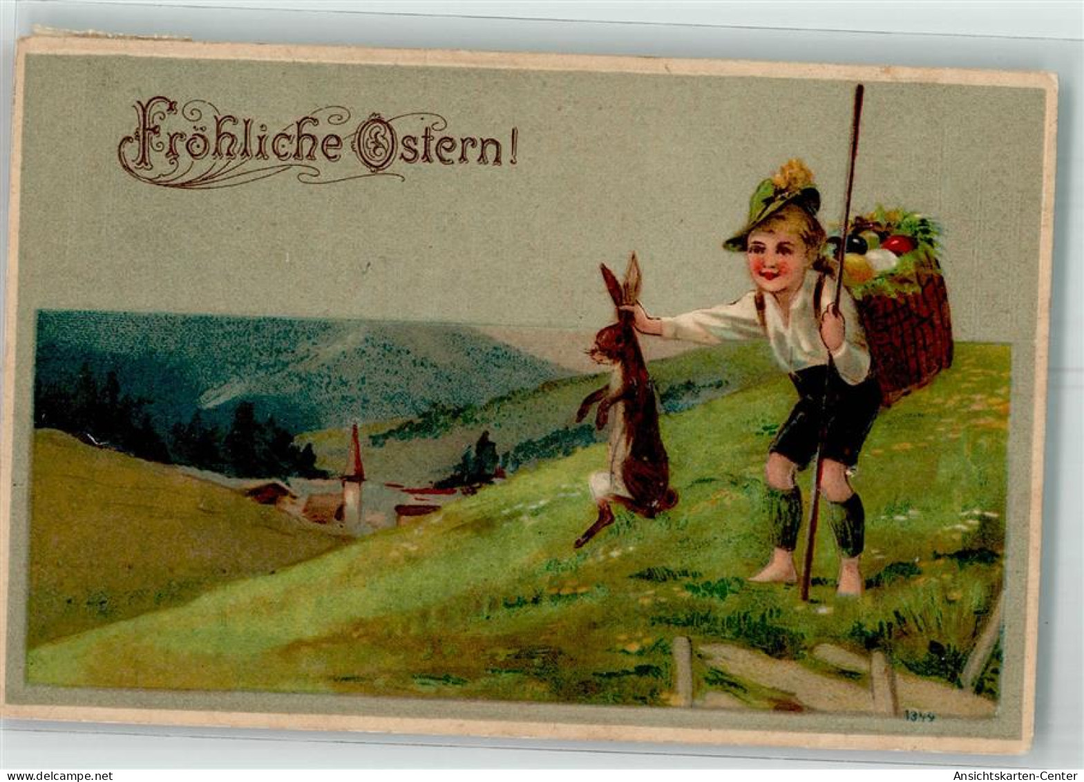 39744105 - Praegedruck Junge Haelt Den Hase An Den Ohren Fest, Kiepe Mit Ostereier - Ostern