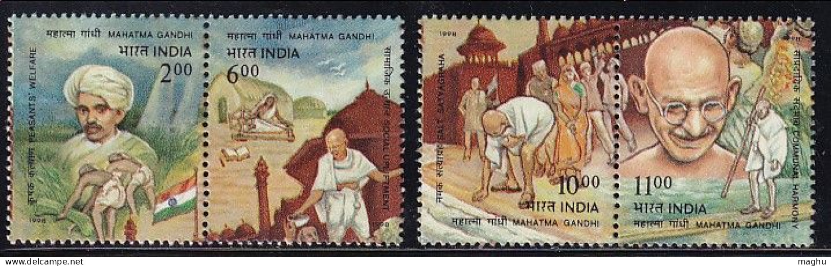 India MNH 1998, Gandhi Salt Satyagrah, Set Of 4 , Flag, Book, Red Fort, Agriculture Ploughing, As Scan - Nuevos