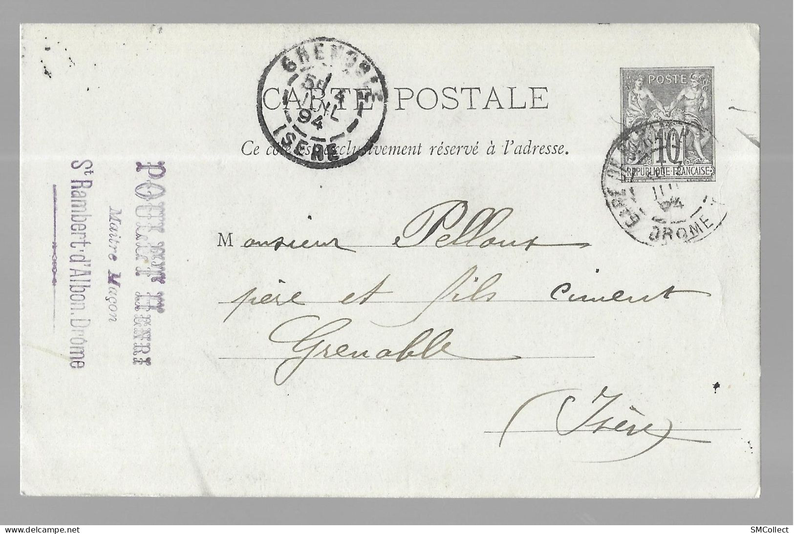 Entier Postal, Sage 10 Centimes Noir Voyagé En Juillet 1894, De Saint Rambert D'Albon Gare Vers Grenoble (13573) - Standard- Und TSC-AK (vor 1995)