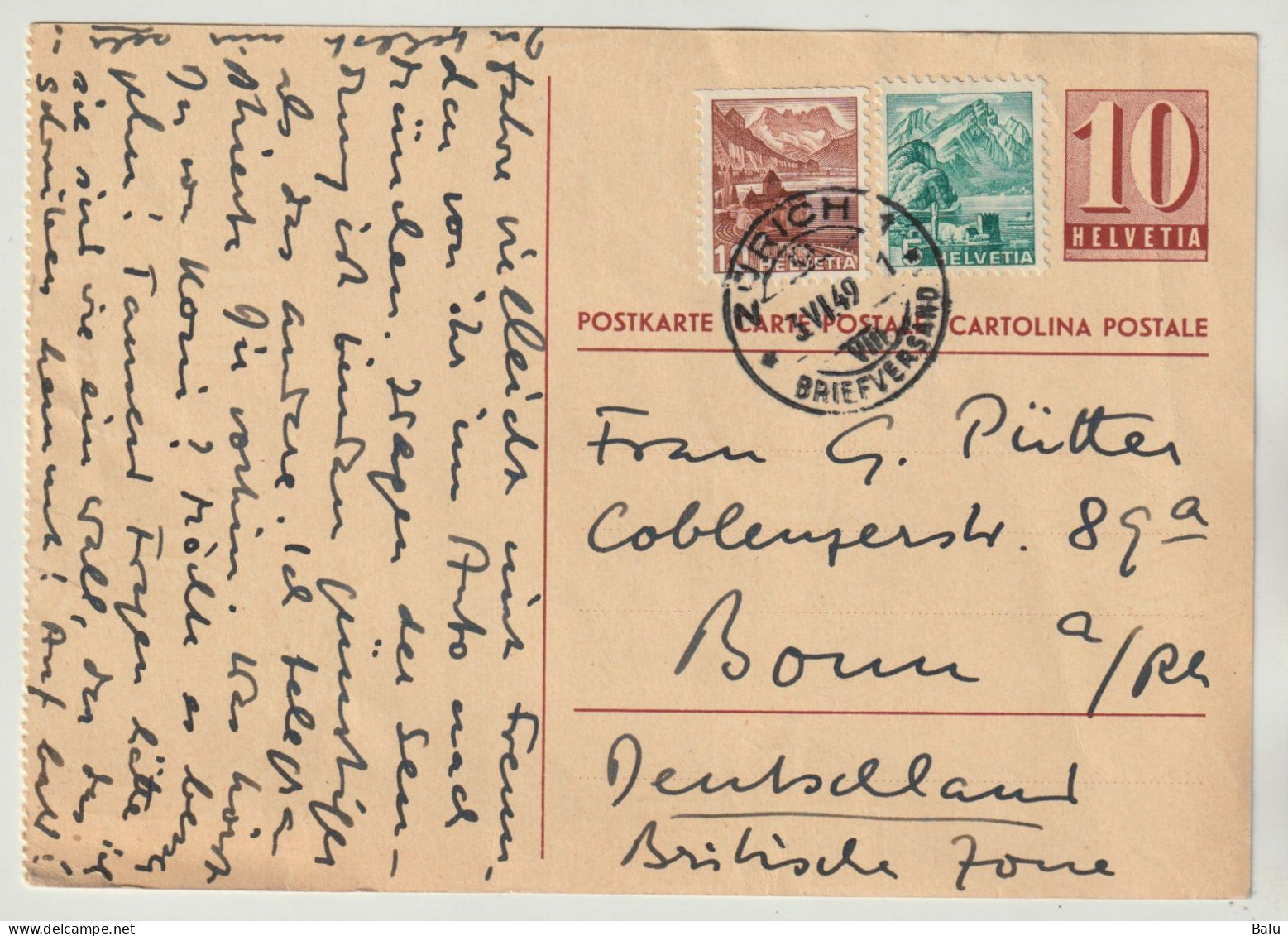 Schweiz Ganzsachen Postkarte Ziffer 10 C. Zürich 1949 Mit 2 Zusatzfrankaturen 5 + 10c., 2 Scans, Entier Postal - Stamped Stationery