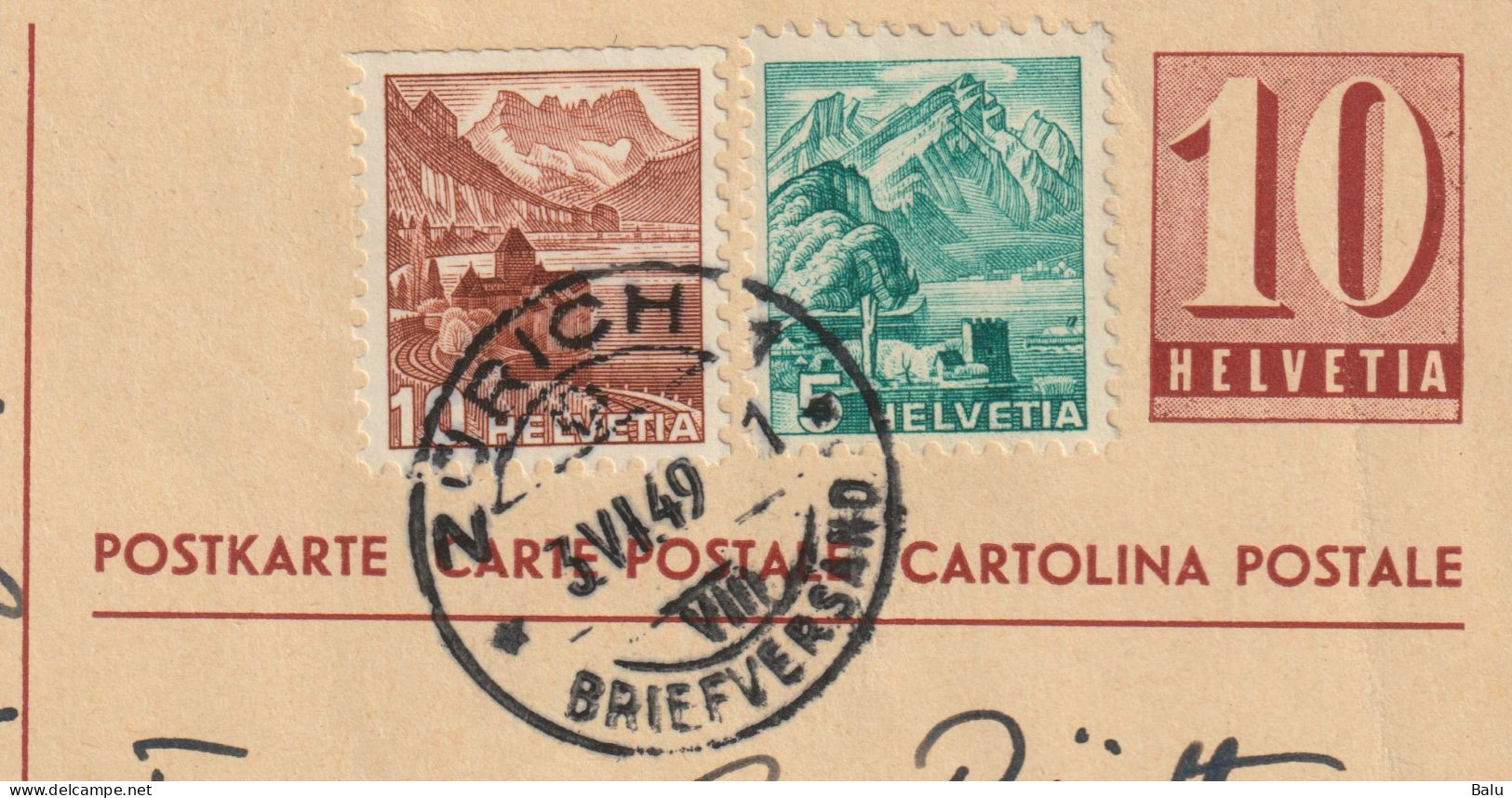 Schweiz Ganzsachen Postkarte Ziffer 10 C. Zürich 1949 Mit 2 Zusatzfrankaturen 5 + 10c., 2 Scans, Entier Postal - Postwaardestukken