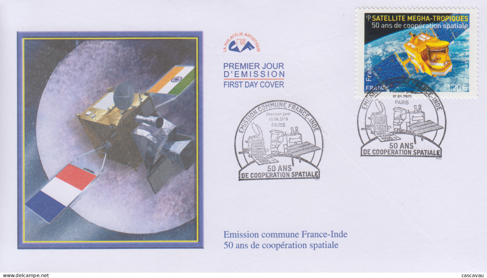 Enveloppe  FDC  1er  Jour    FRANCE   Coopération  Spatiale     Emission   Commune   Avec  L' INDE   2015 - 2010-2019