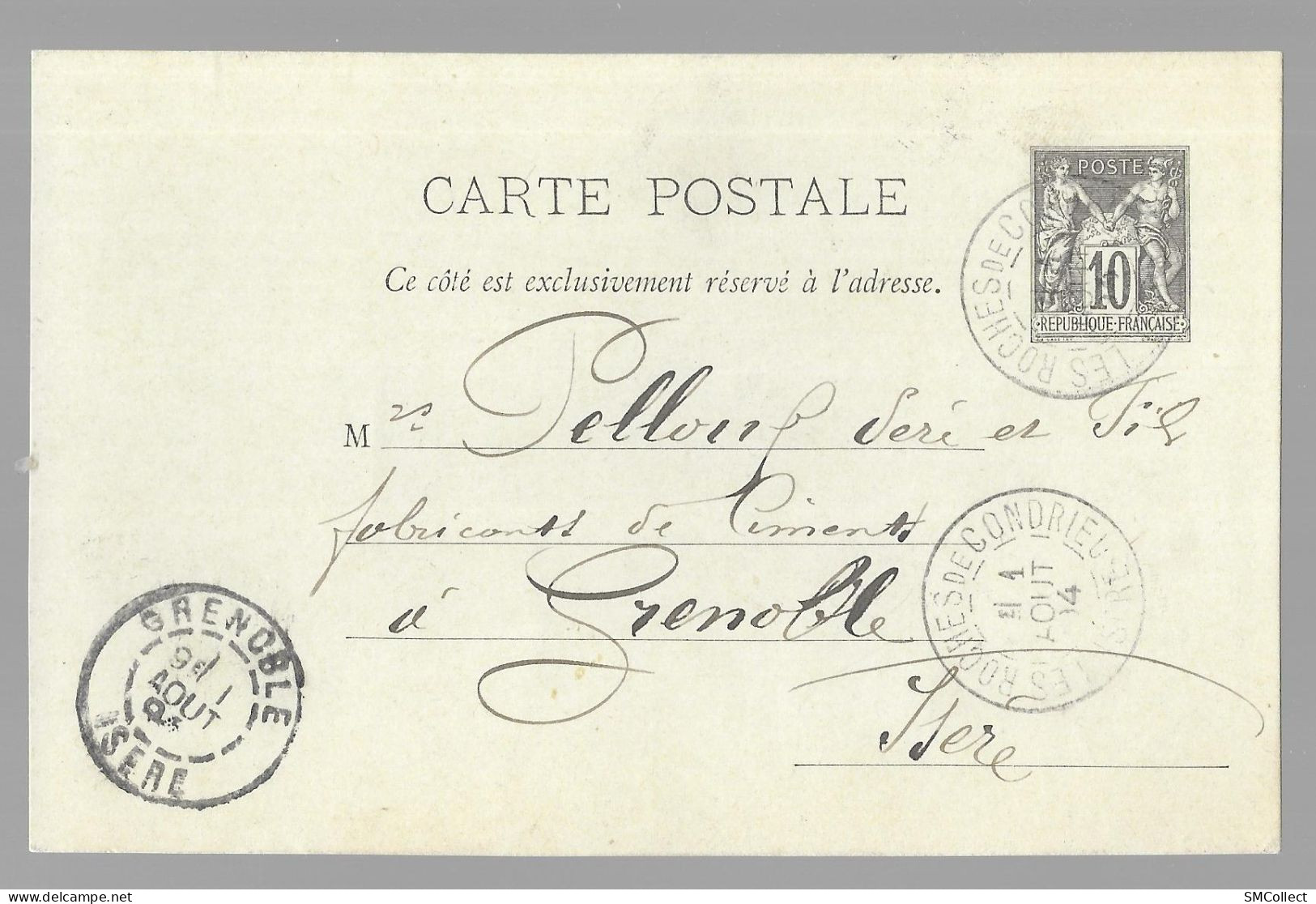 Entier Postal, Sage 10 Centimes Noir Voyagé En Août 1894, Des Roches De Condrieu Vers Grenoble (13574) - Cartoline Postali E Su Commissione Privata TSC (ante 1995)