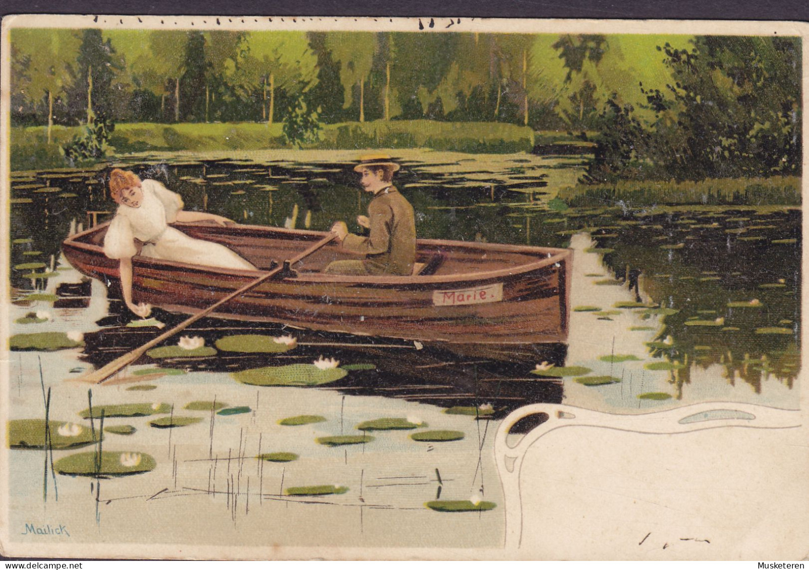 Sweden UPU PPC Alfred Mailick : Couple In A Rowing Boat 'Marie' LINKÖPING 1910 MALMSTATT Oskar II. (2 Scans) - Mailick, Alfred
