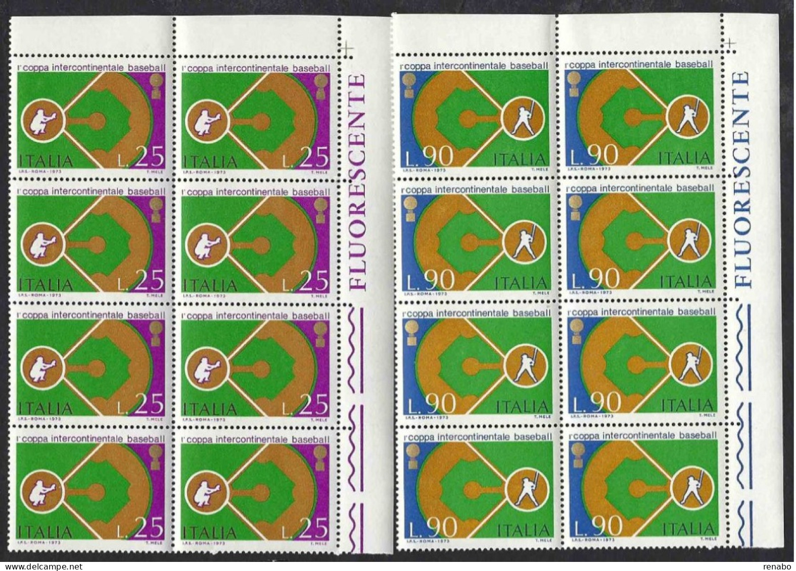 Italia 1973; Coppa Intercontinentale Baseball, Completa In Blocchi Angolo Sup. 8 V. = 2 Quartine Con FLUORESCENTE - 1971-80: Ungebraucht