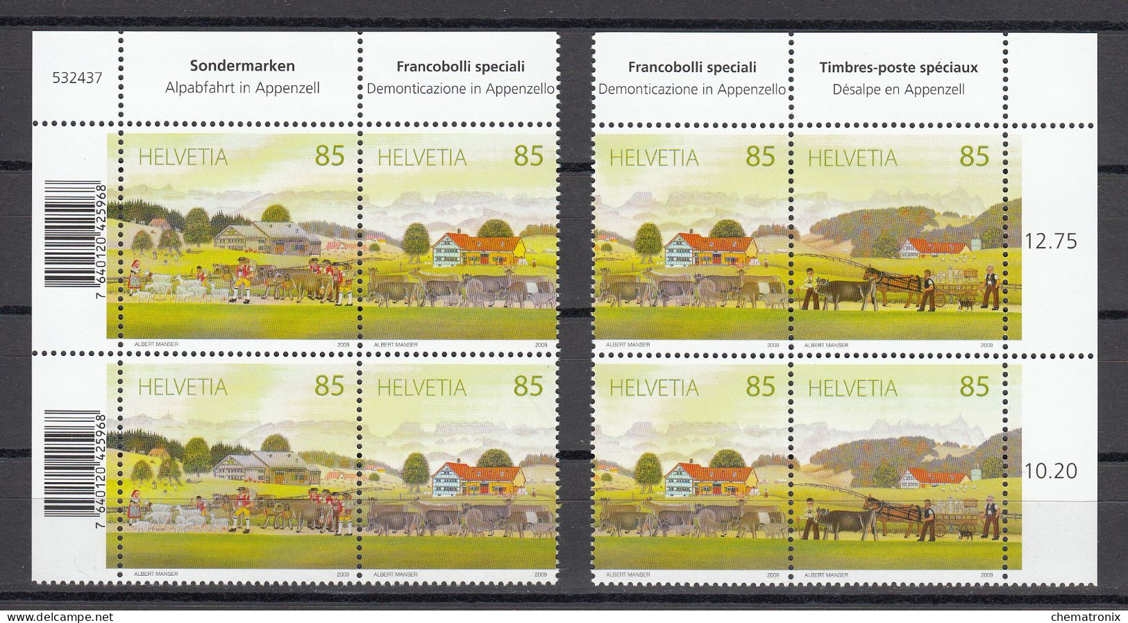 Suiza / Switzerland 2009 - Michel 2118-2120 - Blocks Of 4 ** MNH - Nuovi