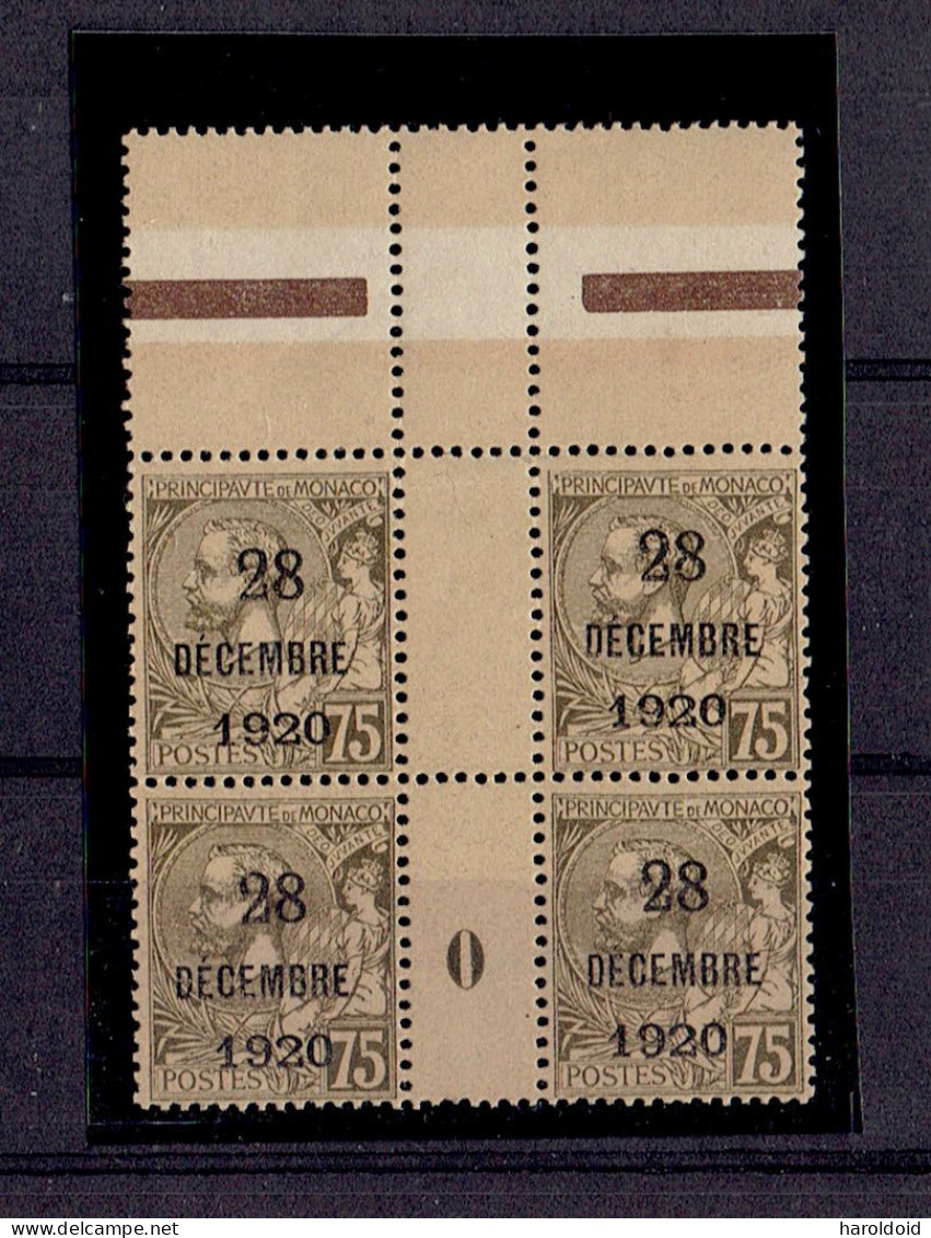 MONACO - N°49 ** - HAUT DE FEUILLE - MILLESIME 0 - BLOC DE 4 - 1 TP TACHE D'ORIGINE - TB - Unused Stamps