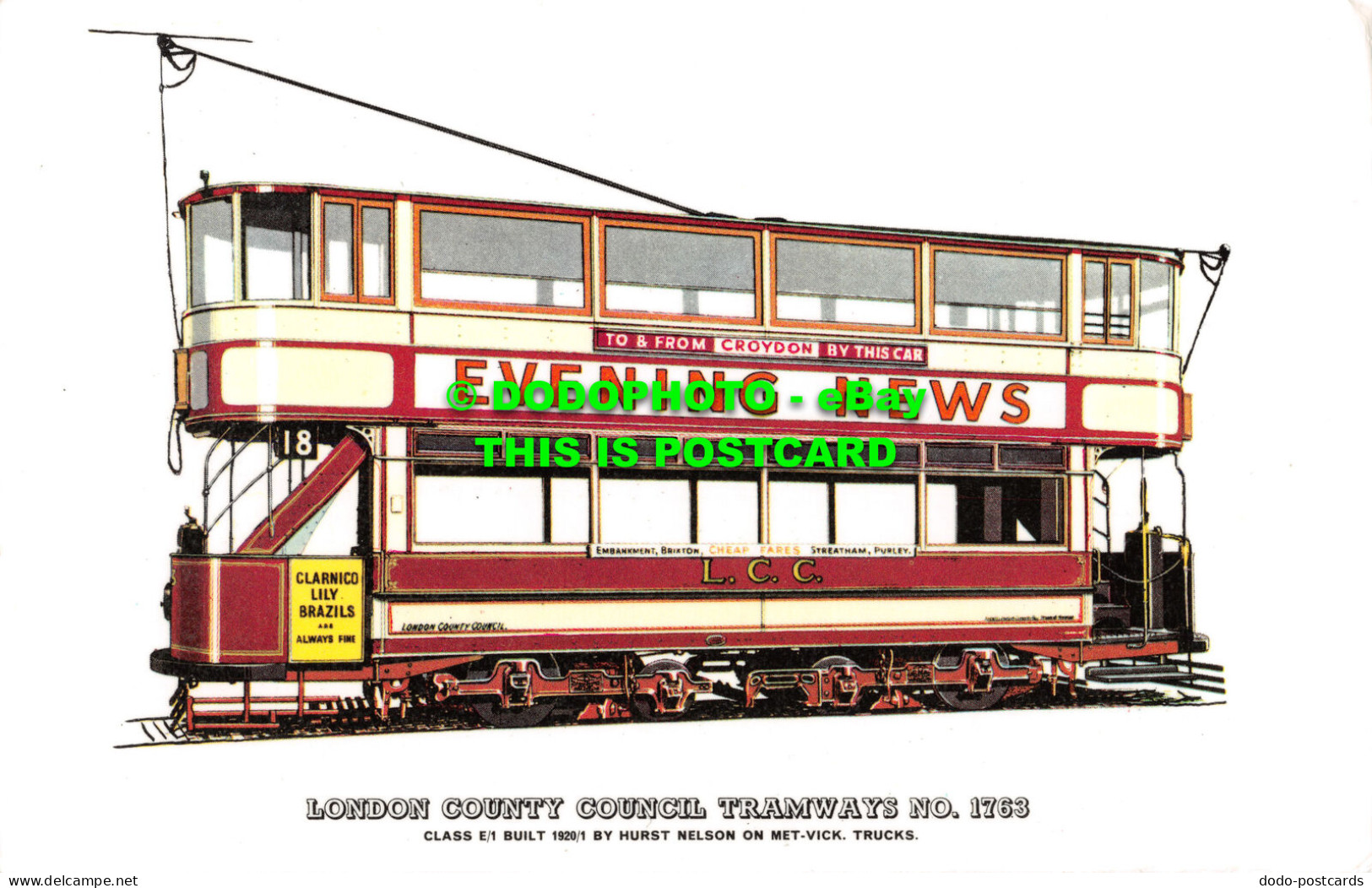 R519993 London County Council Tramways No. 1763. Class E. 1. Built 1920. 1. By H - Other & Unclassified