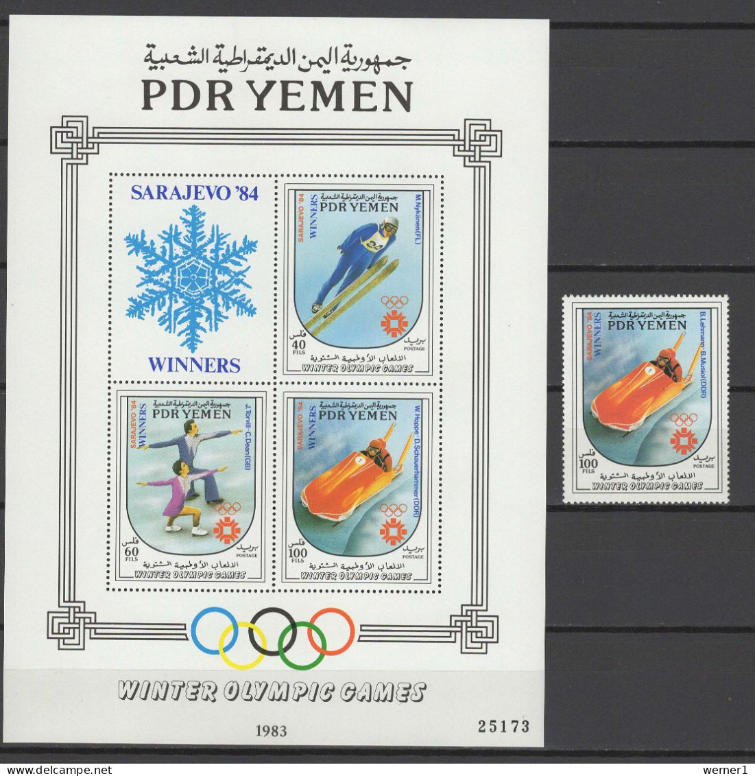 Yemen PDR 1984 Olympic Games Sarajevo Stamp + S/s With Blue "Winners" Overprint MNH - Inverno1984: Sarajevo