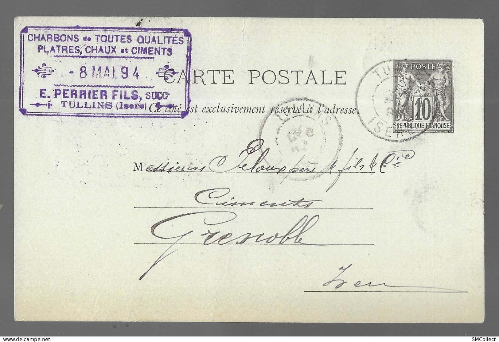 Cachet E. Perrier Fils à Tullins Sur Entier Postal Sage 10 Centimes Noir Voyagé En Mai 1894 Vers Grenoble (13572) - Tullins