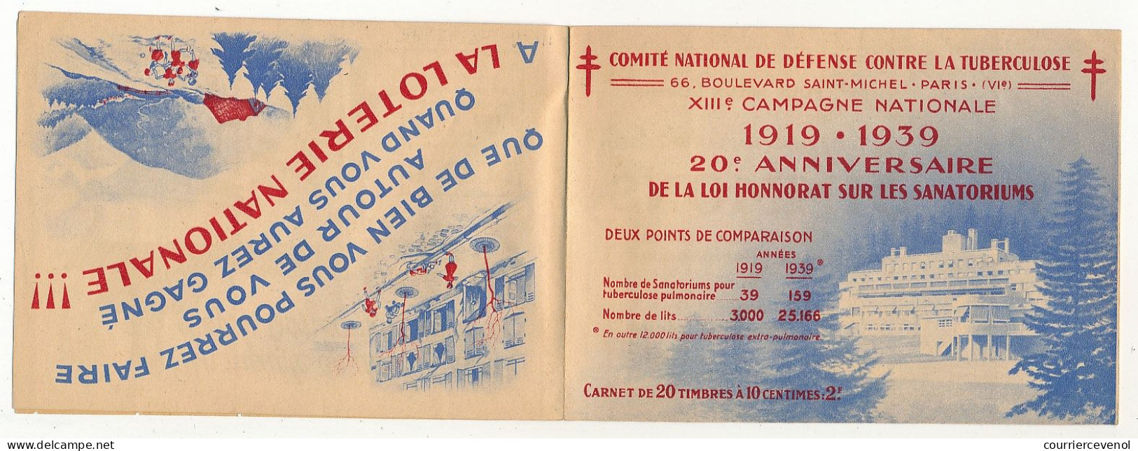 Carnet Anti-tuberculeux 1939 - 13ème Campagne - 2 Fr - 20 Timbres à 10c  - Pubs Sigrand, Cidre, Tissus Tetra, Lait... - Bmoques & Cuadernillos