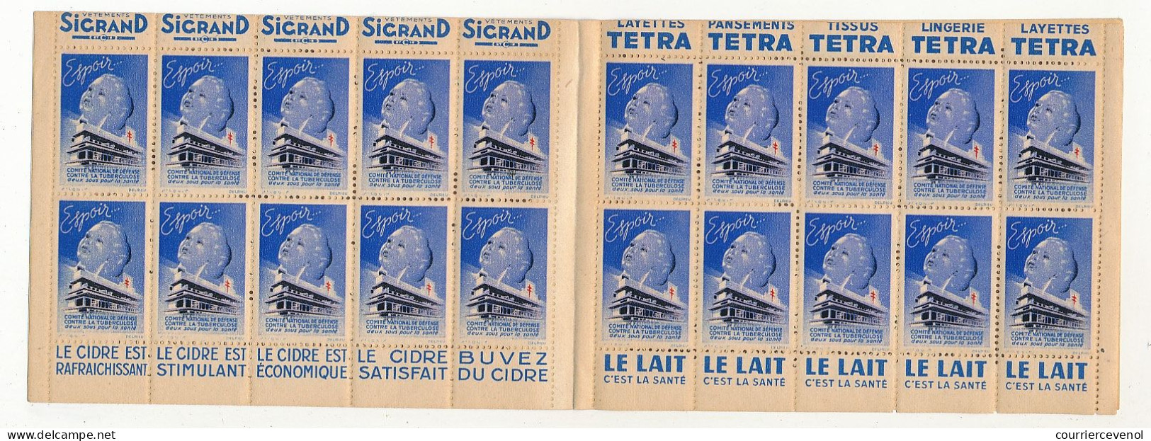 Carnet Anti-tuberculeux 1939 - 13ème Campagne - 2 Fr - 20 Timbres à 10c  - Pubs Sigrand, Cidre, Tissus Tetra, Lait... - Bmoques & Cuadernillos