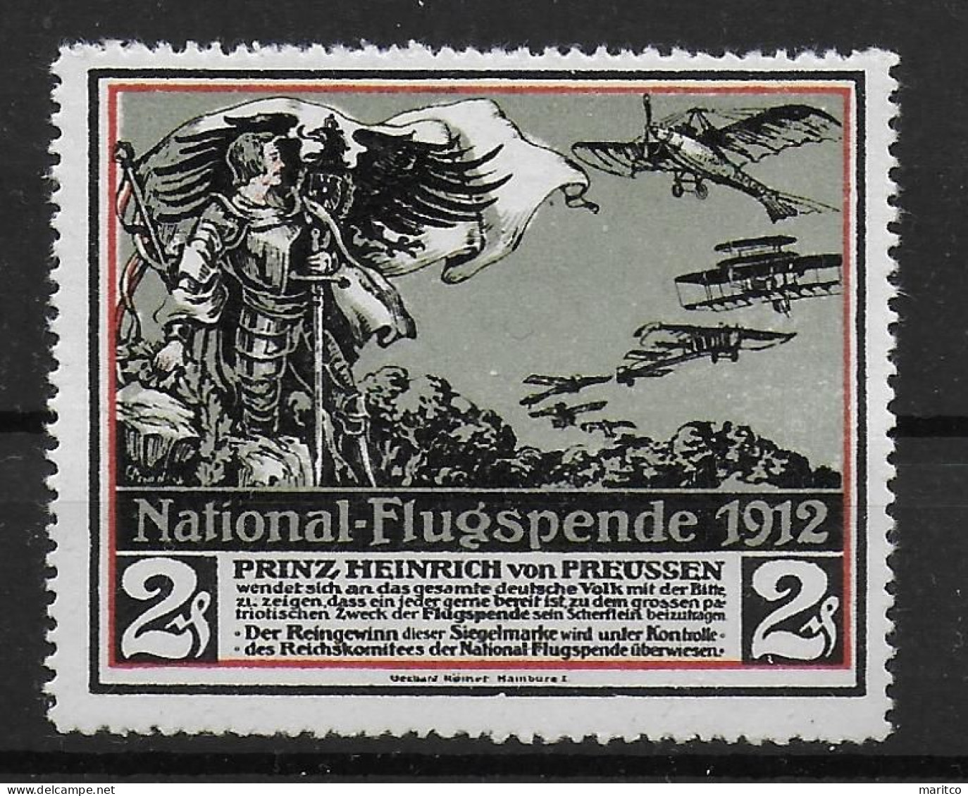 Deutsches Reich 1912 Nat. Flugspende Flugzeug Aeroplane Spendenmarke Cinderella Vignet Werbemarke Propaganda - Etichette Di Fantasia