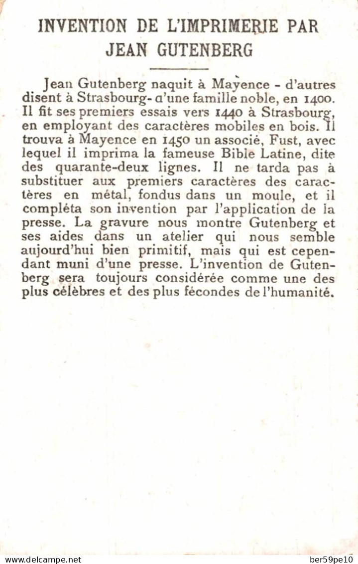 CHROMO INVENTION DE L'IMPRIMERIE PAR GUTENBERG INVENTEUR DE LA TYPOGRAPHIE - Other & Unclassified