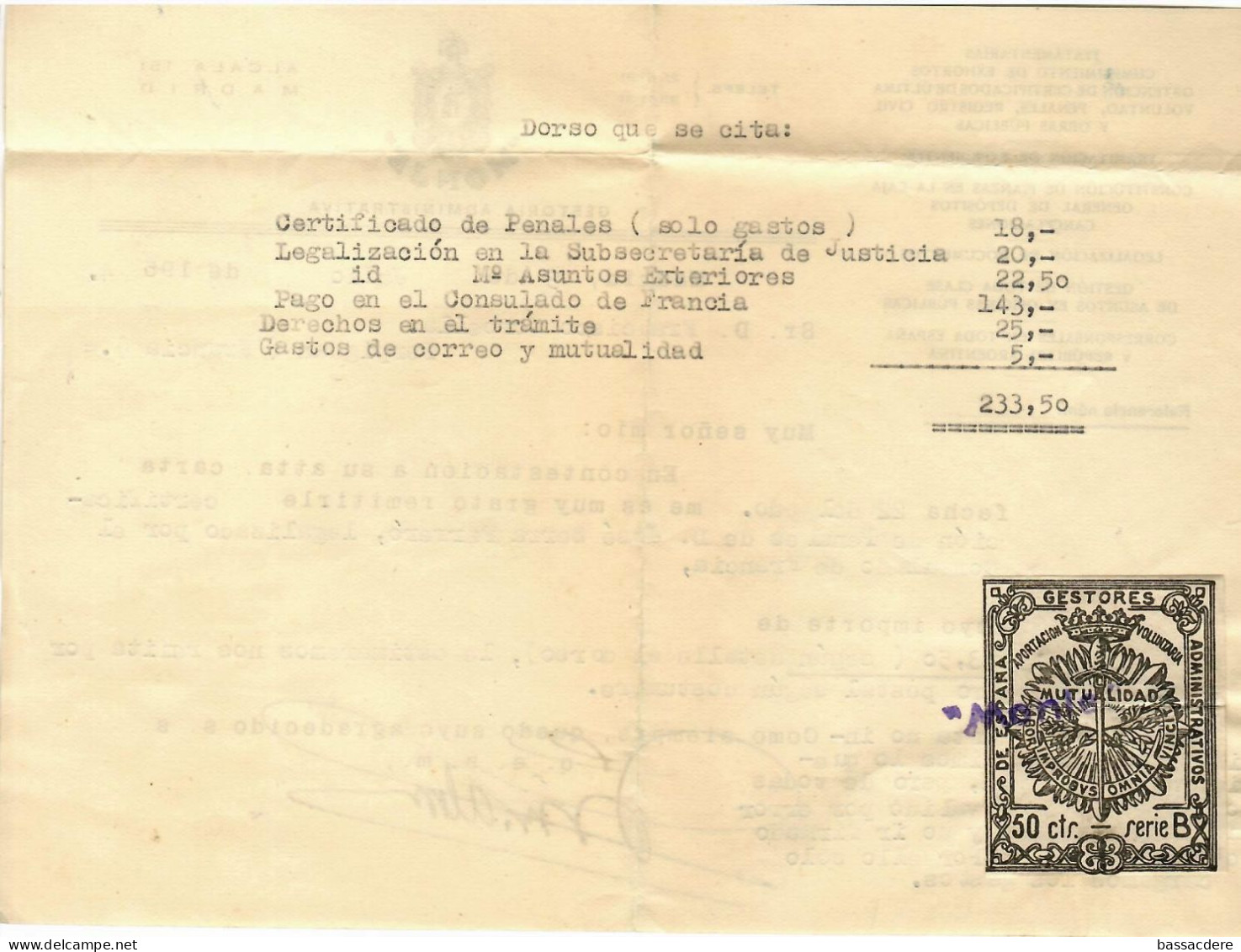 79803 - FIGUERAS  Pour La France, Avec  Document Avec  Timbre Fiscal - Storia Postale