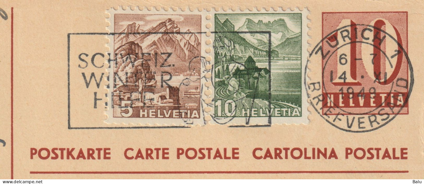 Schweiz Ganzsachen Postkarte Ziffer 10 C. Zürich 14.XI 1949 Mit 2 Zusatzfrankaturen 5 + 10c., 2 Scans, Entier Postal - Enteros Postales