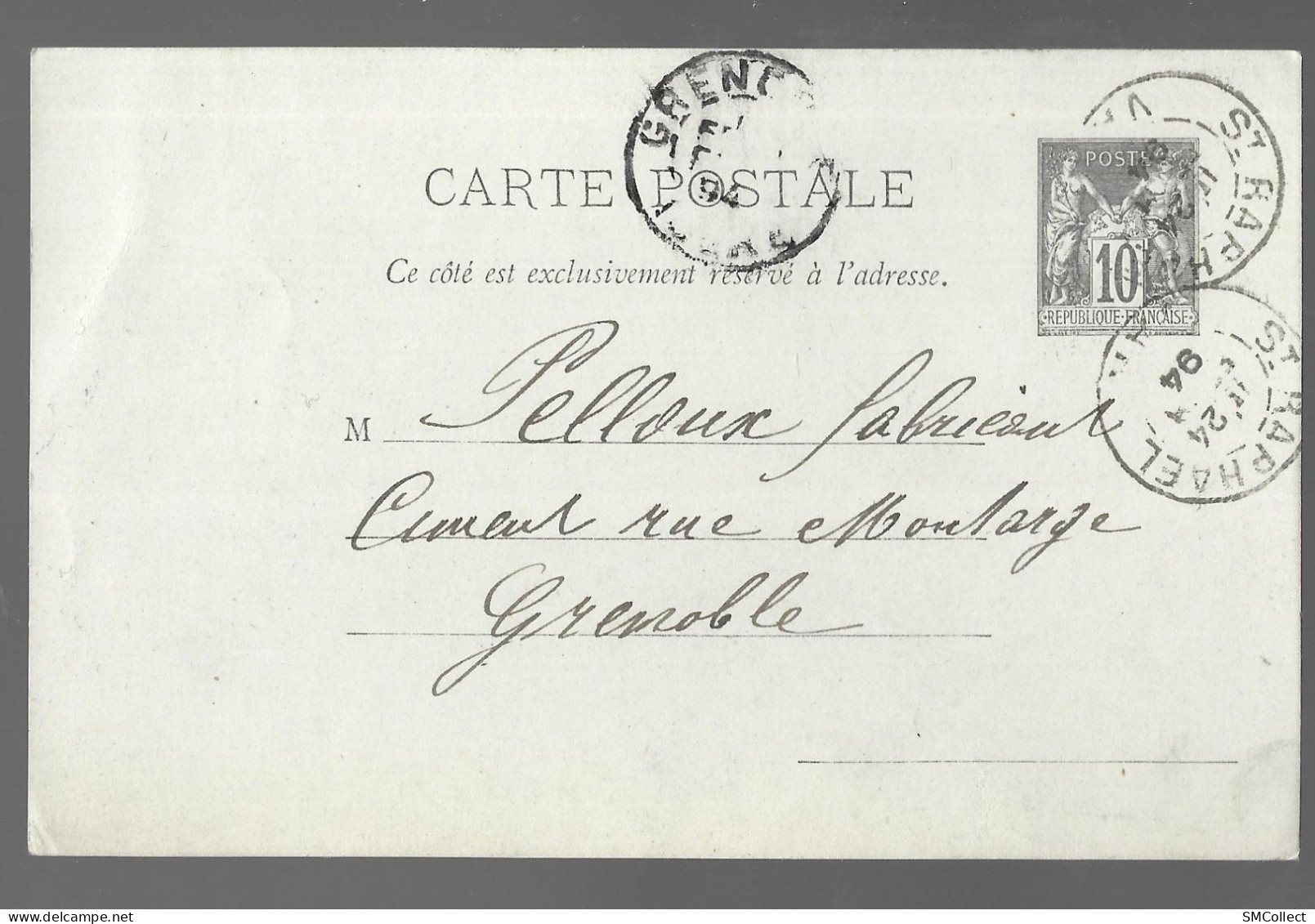 Entier Postal, Sage 10 Centimes Noir Voyagé En1894, De Saint Raphaël Vers Grenoble (13571) - Postales Tipos Y (antes De 1995)