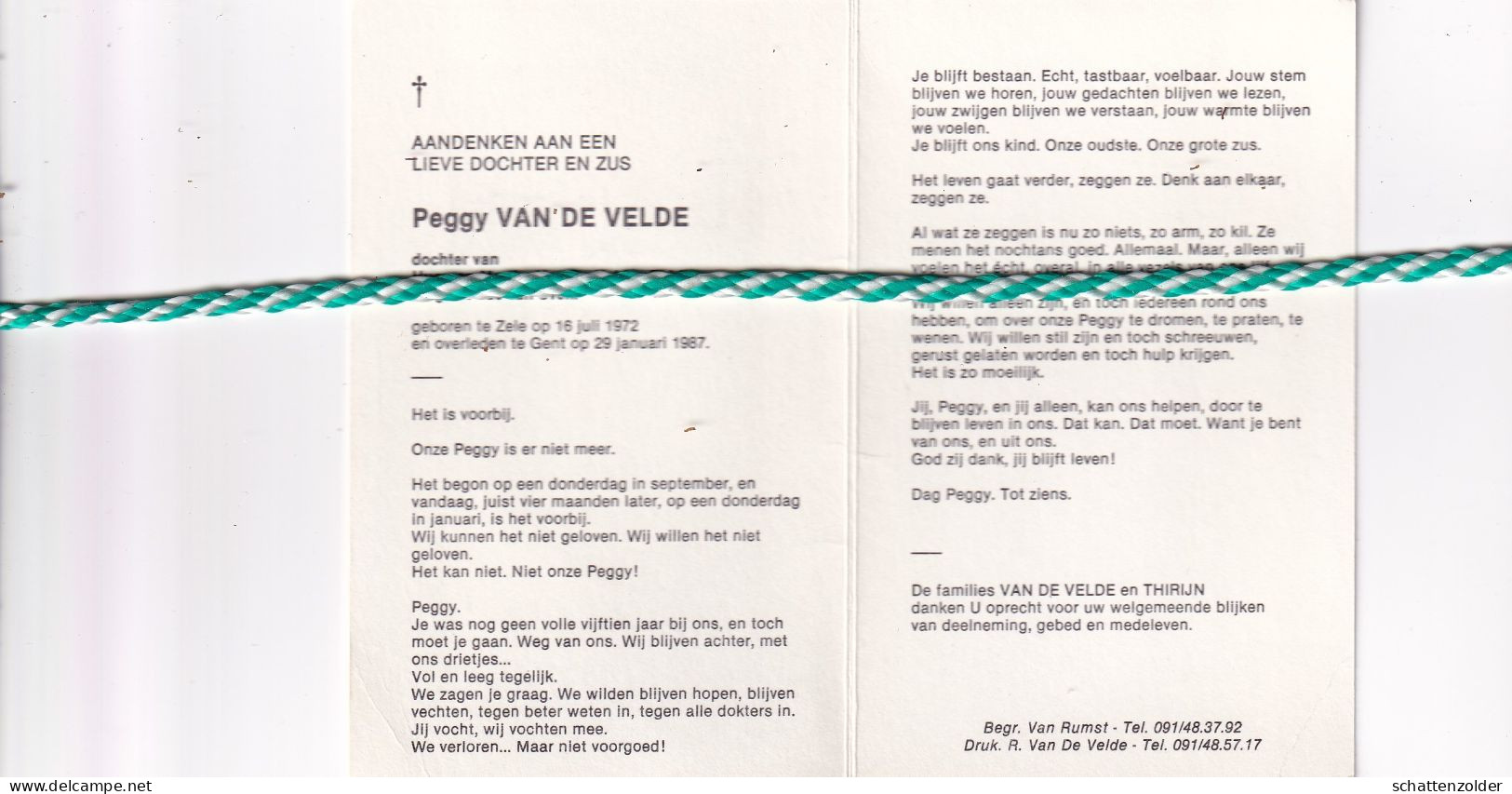 Peggy Van De Velde-Thirijn, Zele 1972, Gent 1987. Foto - Obituary Notices