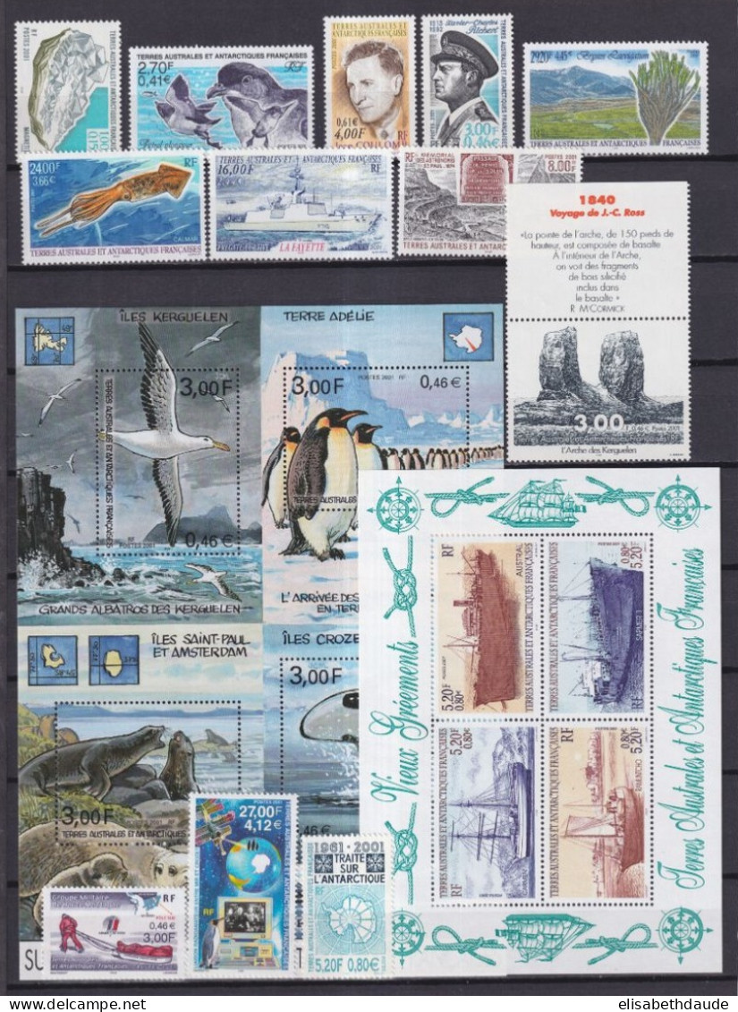 TAAF - LIVRAISON GRATUITE - 2001 - ANNEE COMPLETE AVEC BLOC YVERT N°287/306 ** MNH - - Komplette Jahrgänge