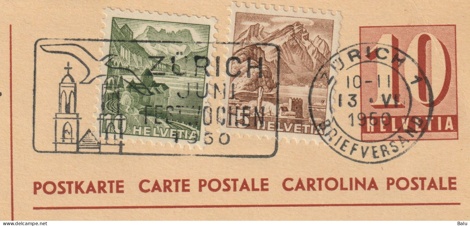 Schweiz 2 Ganzsachen Postkarten Ziffer 10 C. Zürich 1950 Mit Je 2 Zusatzfrankaturen 5 + 10c., 3 Scans, Entier Postal - Ganzsachen