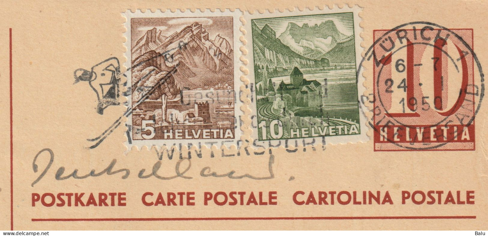 Schweiz 2 Ganzsachen Postkarten Ziffer 10 C. Zürich 1950 Mit Je 2 Zusatzfrankaturen 5 + 10c., 3 Scans, Entier Postal - Postwaardestukken