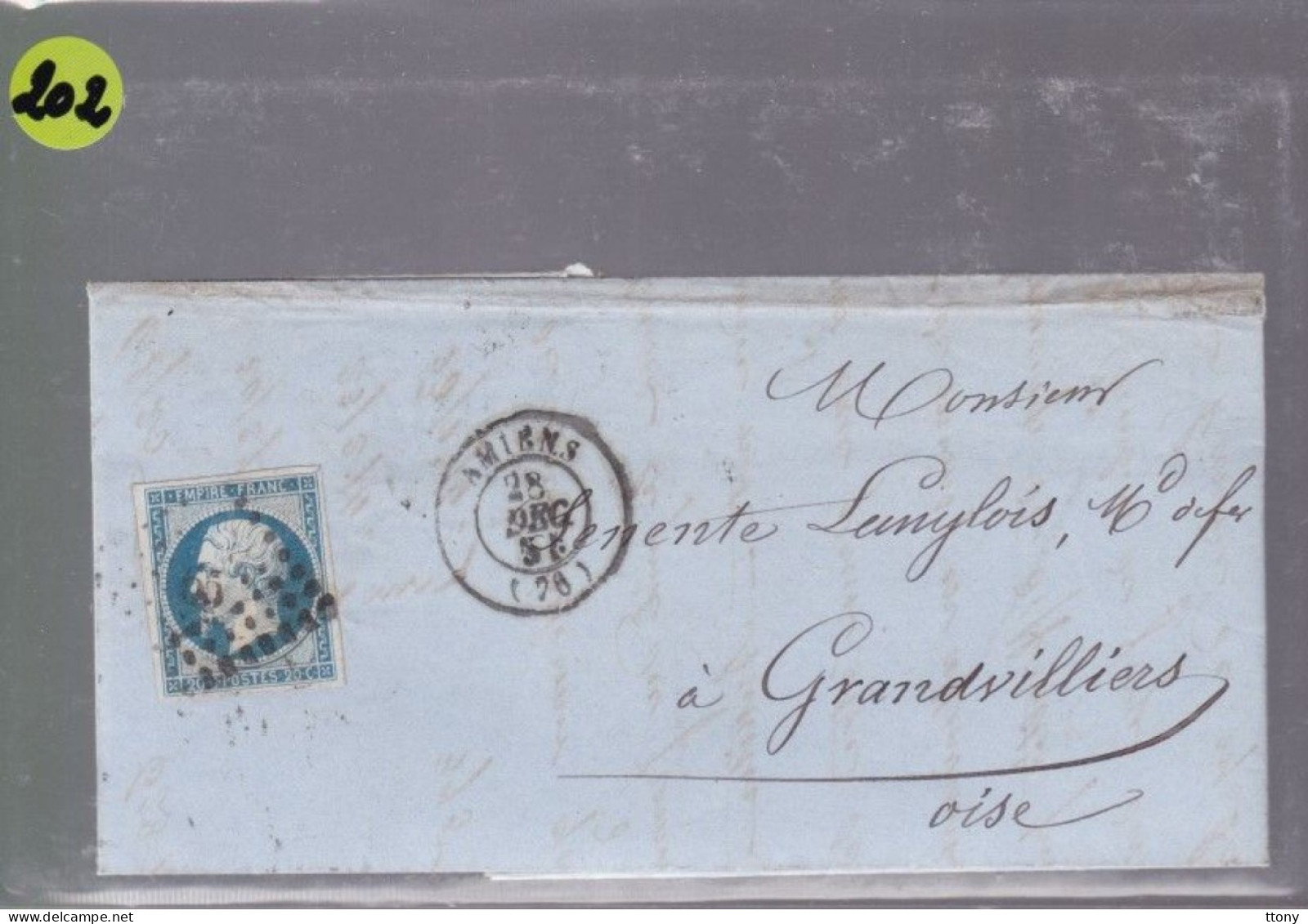 Un Timbre Napoléon III   N° 14  20 C Bleu   Sur Lettre Départ Amiens  1854 Destination  Grandvilliers ( Oise ) - 1853-1860 Napoleon III