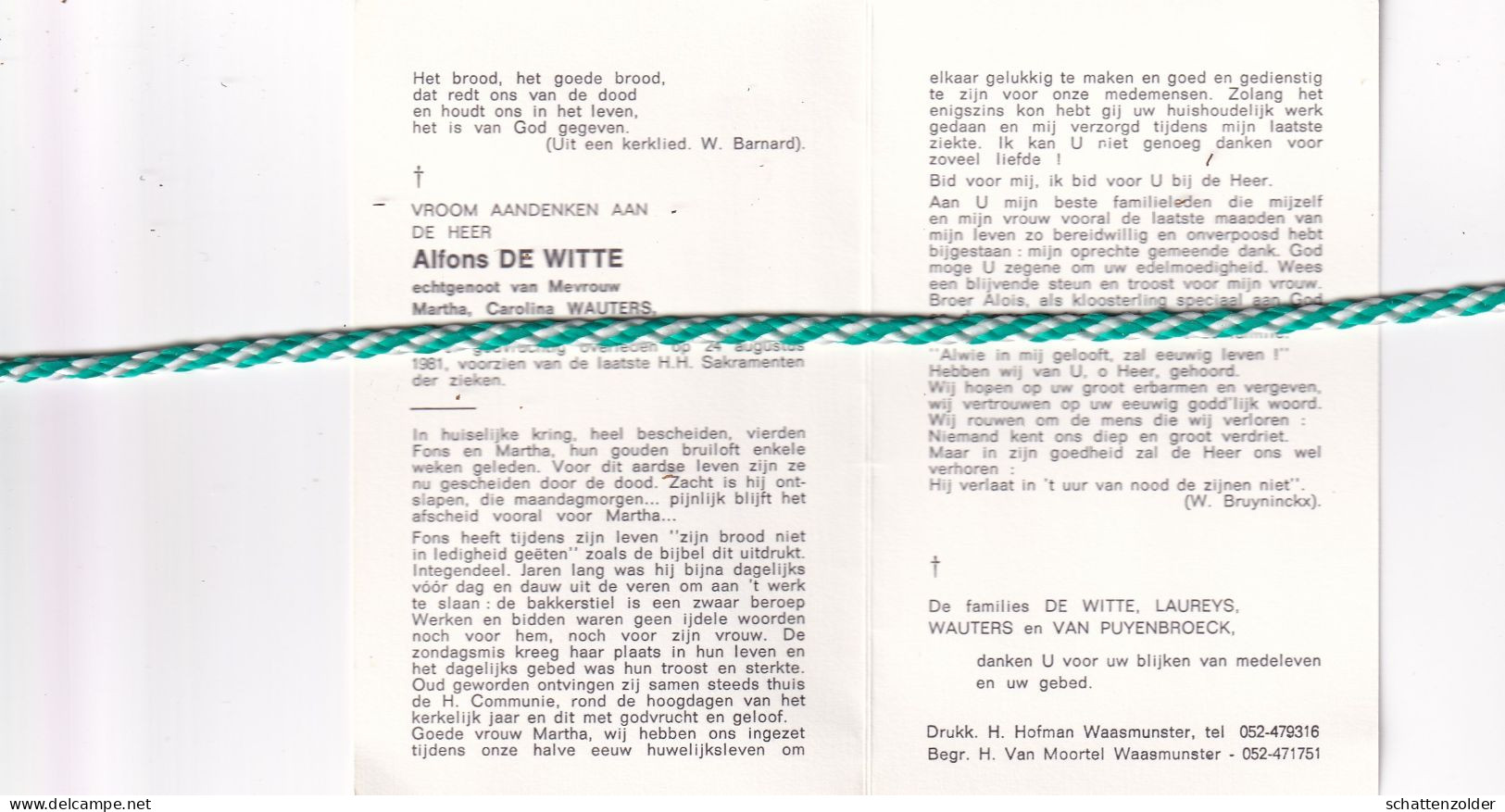Alfons De Witte-Wauters, Waasmunster 1905, 1981 - Esquela